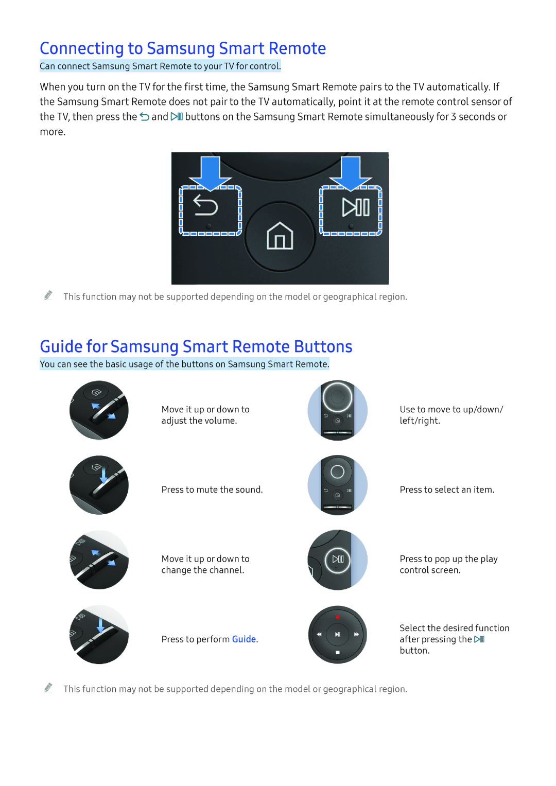 Samsung UE55KU6459UXZG, UE43KS7590UXZG manual Connecting to Samsung Smart Remote, Guide for Samsung Smart Remote Buttons 