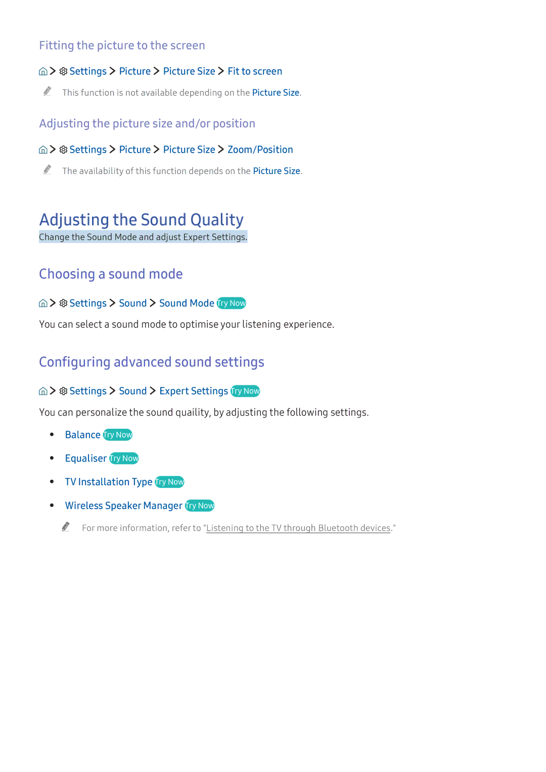 Samsung UE65KU6409UXZG manual Adjusting the Sound Quality, Choosing a sound mode, Configuring advanced sound settings 