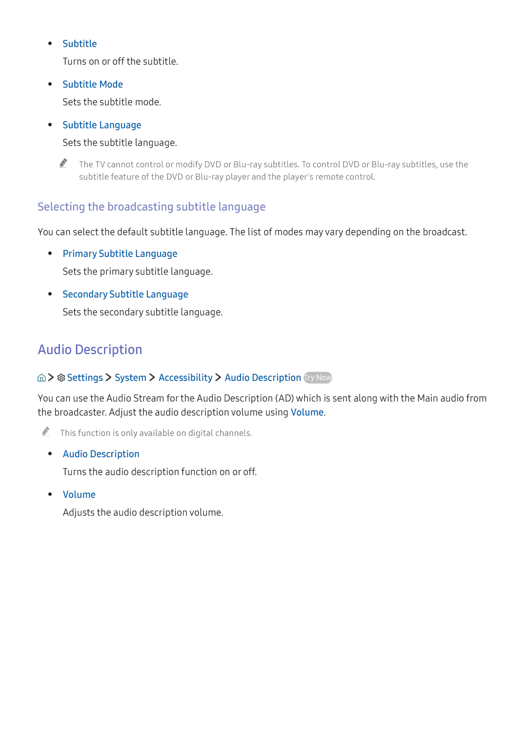 Samsung UE40KU6409UXZG, UE43KS7590UXZG, UE49KS7090UXZG manual Audio Description, Selecting the broadcasting subtitle language 