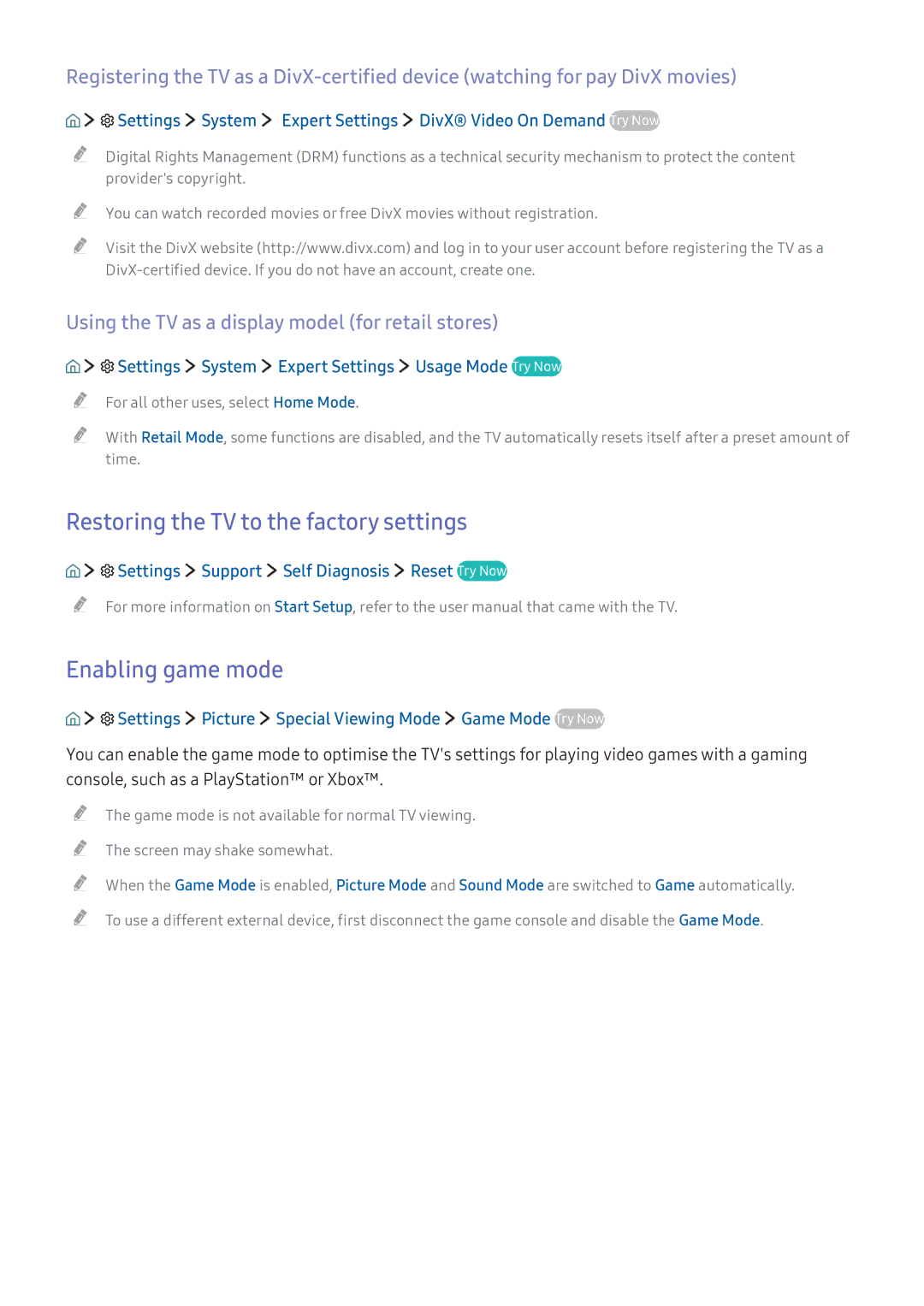 Samsung UE49KU6400UXZG, UE43KS7590UXZG, UE49KS7090UXZG manual Restoring the TV to the factory settings, Enabling game mode 