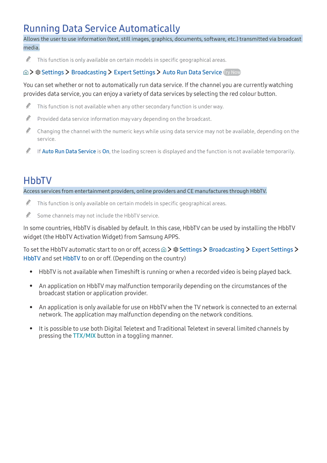 Samsung UE43KU6000WXXH, UE43KS7590UXZG Running Data Service Automatically, HbbTV, Settings Broadcasting Expert Settings 