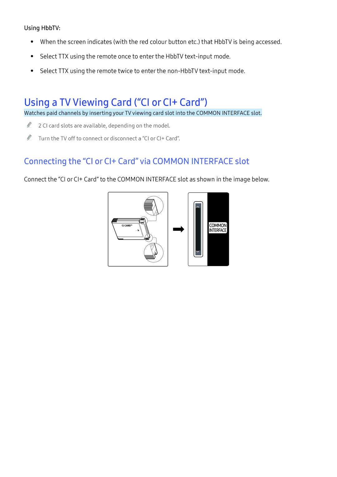 Samsung UE40KU6470UXZG Using a TV Viewing Card CI or CI+ Card, Connecting the CI or CI+ Card via Common Interface slot 