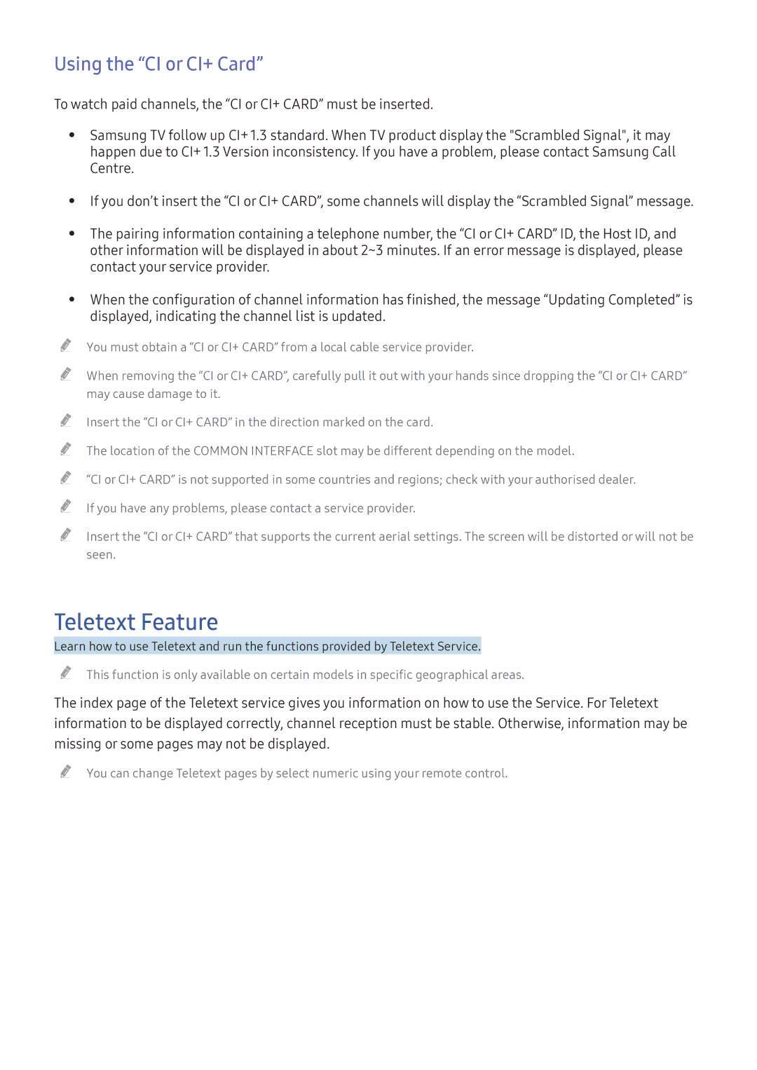 Samsung UE40KU6450UXXC, UE43KS7590UXZG manual Teletext Feature, Using the CI or CI+ Card, Contact your service provider 