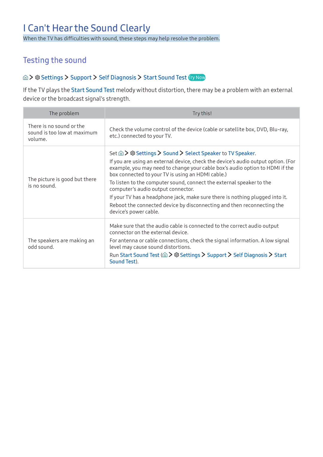 Samsung UE65KS9000LXXH, UE43KS7590UXZG, UE49KS7090UXZG, UE55KU6479UXZG manual Cant Hear the Sound Clearly, Testing the sound 