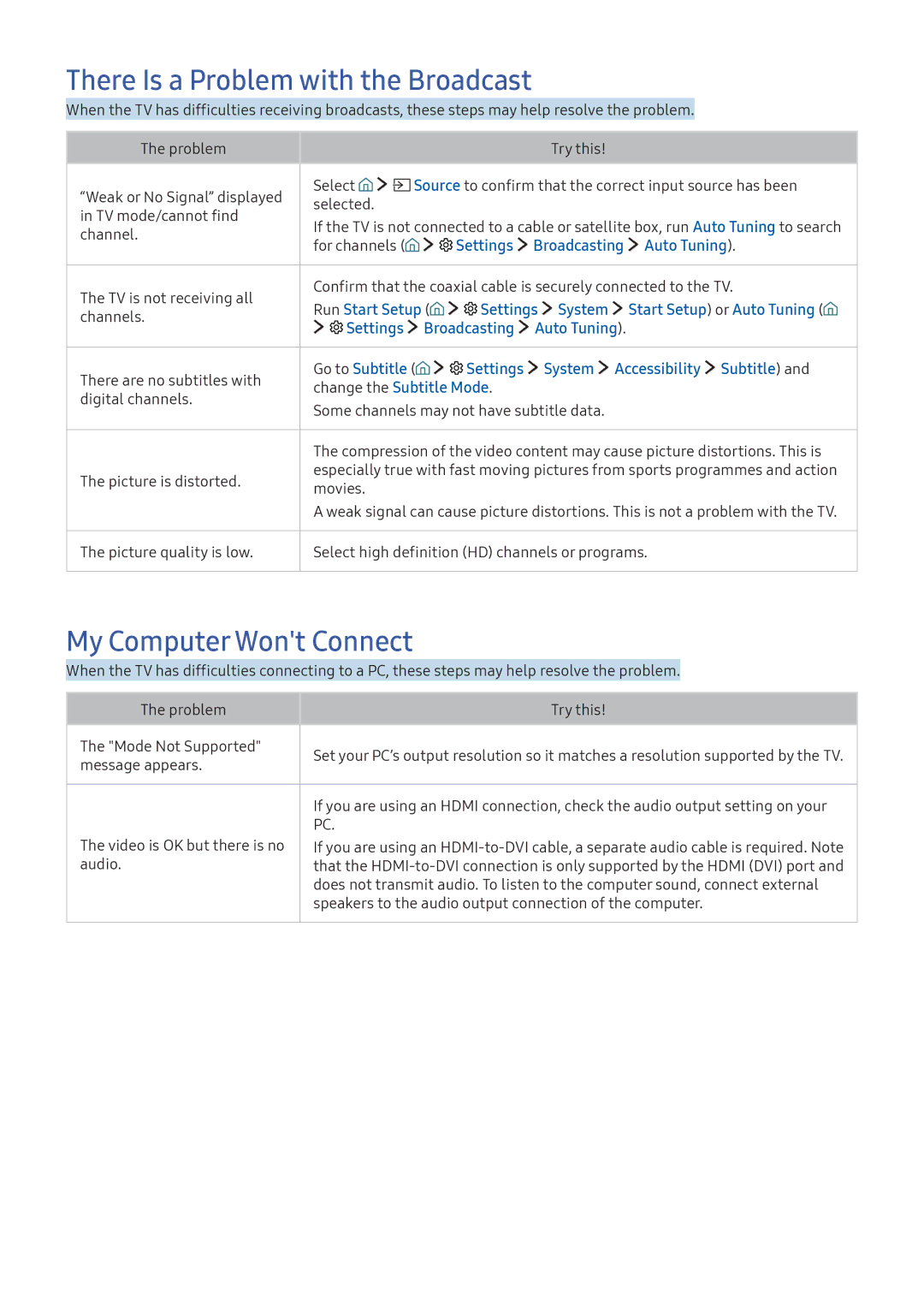 Samsung UE65KS8080TXZG, UE43KS7590UXZG, UE49KS7090UXZG manual There Is a Problem with the Broadcast, My Computer Wont Connect 