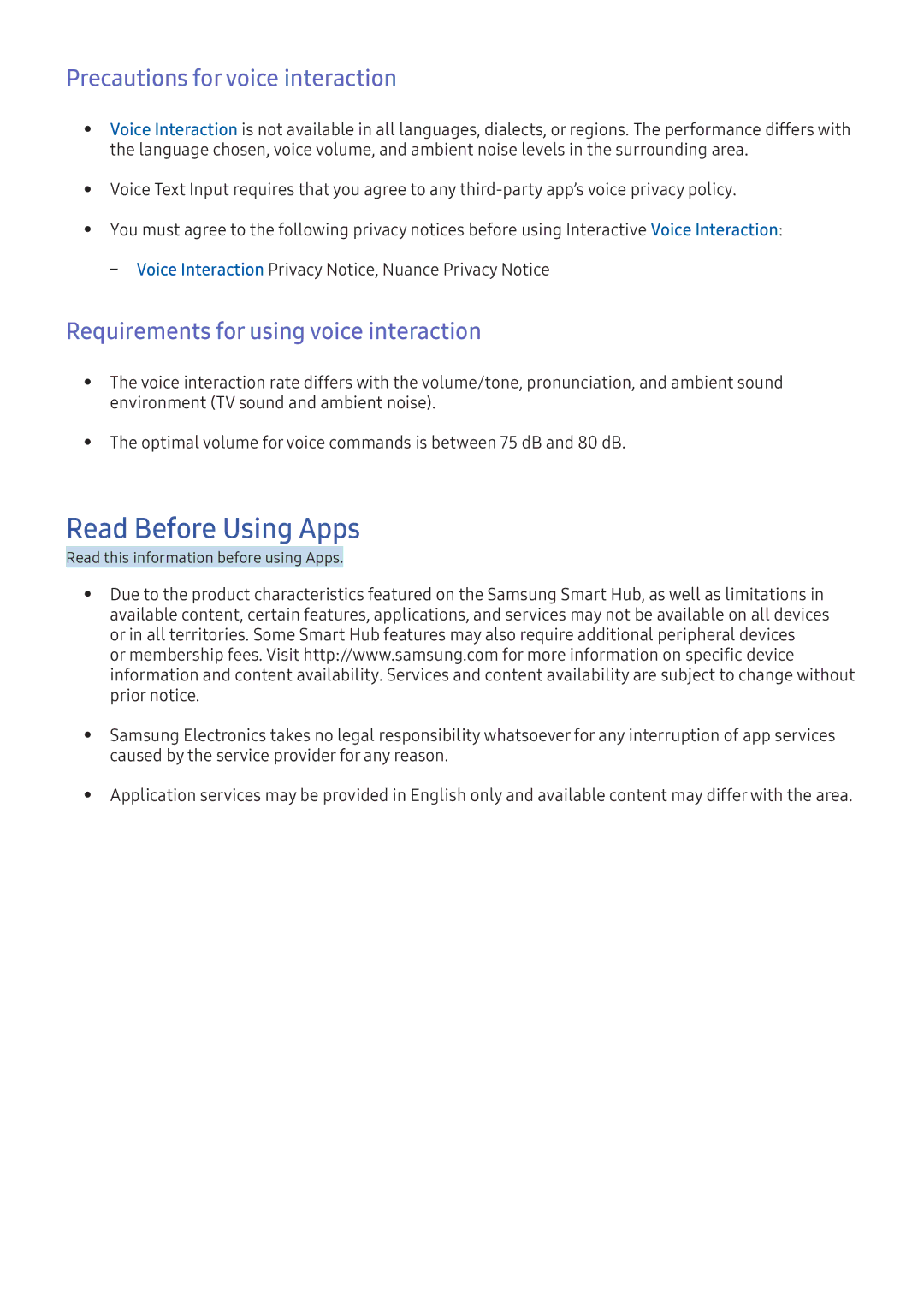 Samsung UE55KU6640SXXH Read Before Using Apps, Precautions for voice interaction, Requirements for using voice interaction 
