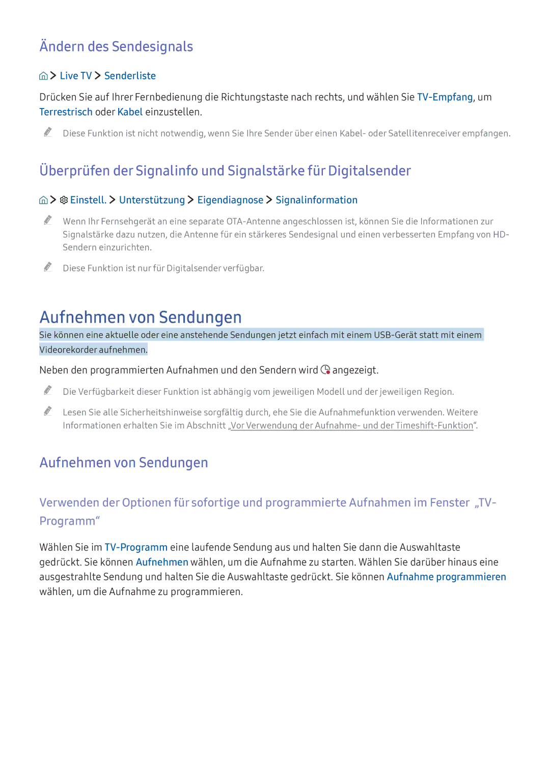 Samsung UE78KS9090TXZG, UE43KS7590UXZG manual Aufnehmen von Sendungen, Ändern des Sendesignals, Live TV Senderliste 