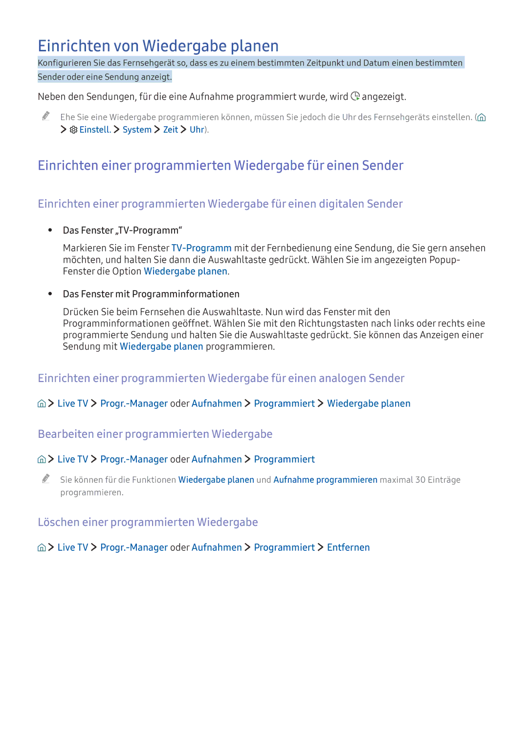 Samsung UE65KS7590UXZG manual Einrichten von Wiedergabe planen, Einrichten einer programmierten Wiedergabe für einen Sender 