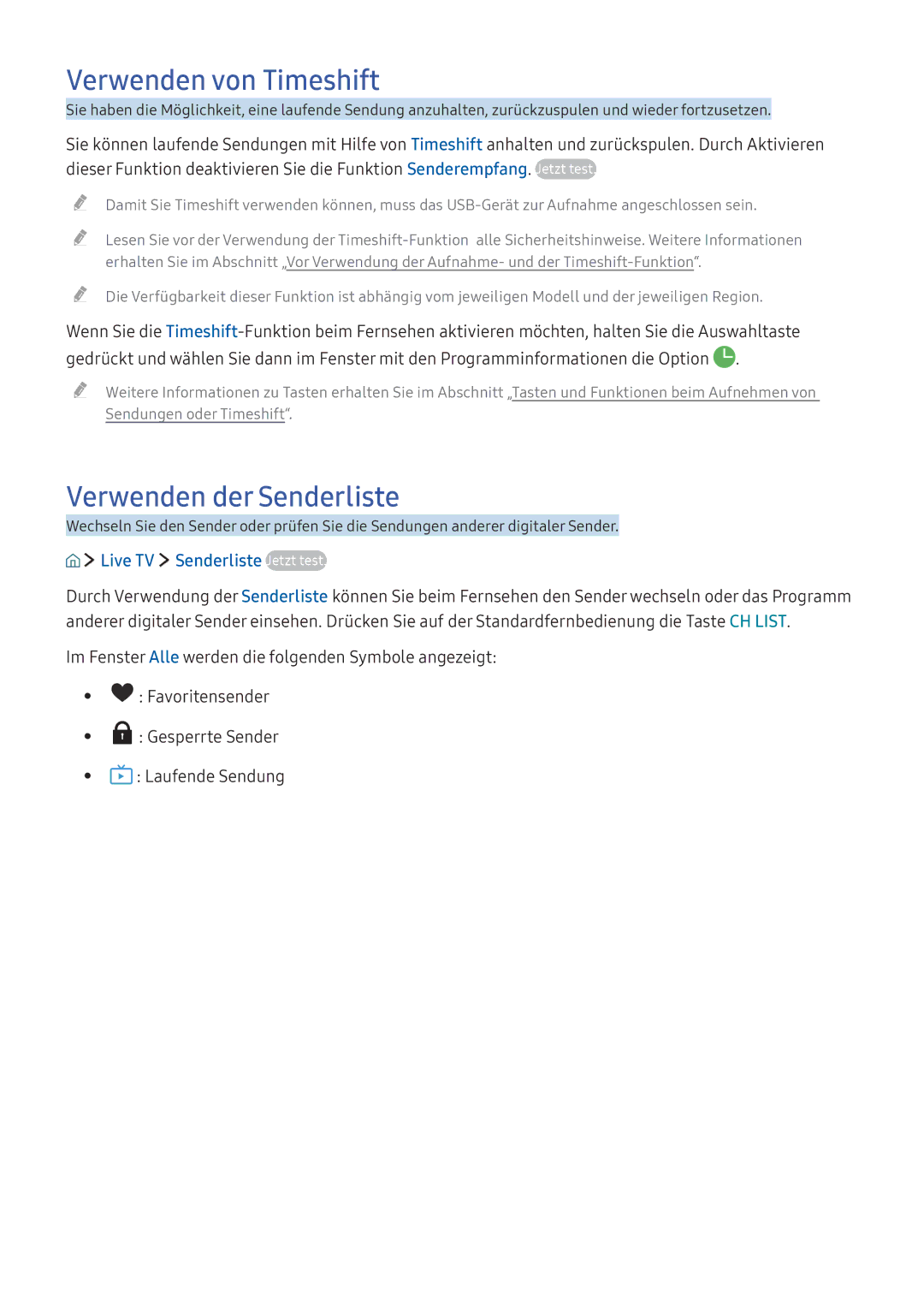 Samsung UE55KS7590UXZG, UE43KS7590UXZG Verwenden von Timeshift, Verwenden der Senderliste, Live TV Senderliste Jetzt test 
