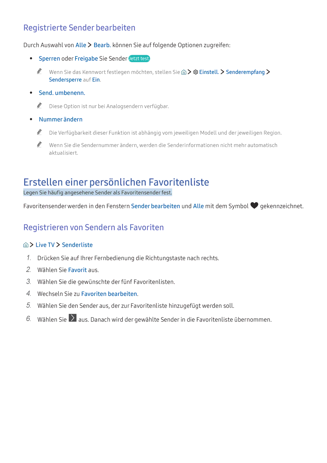 Samsung UE55KS9090TXZG, UE43KS7590UXZG manual Erstellen einer persönlichen Favoritenliste, Registrierte Sender bearbeiten 