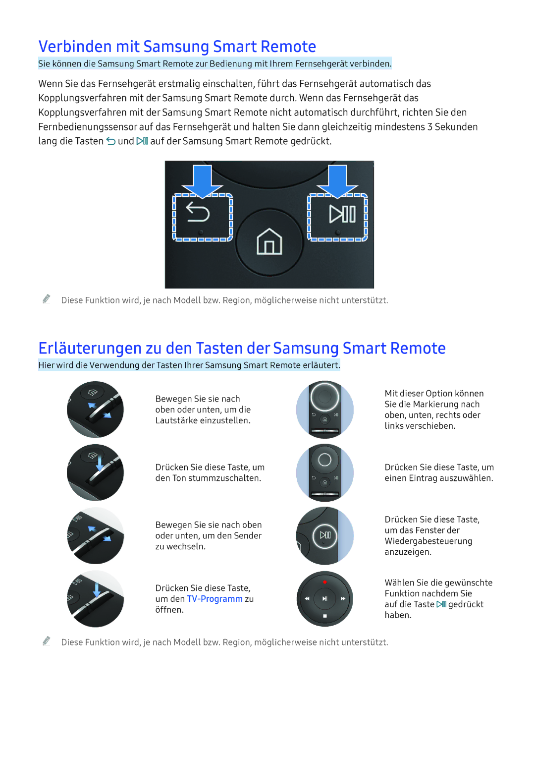 Samsung UE55KU6459UXZG manual Verbinden mit Samsung Smart Remote, Erläuterungen zu den Tasten der Samsung Smart Remote 