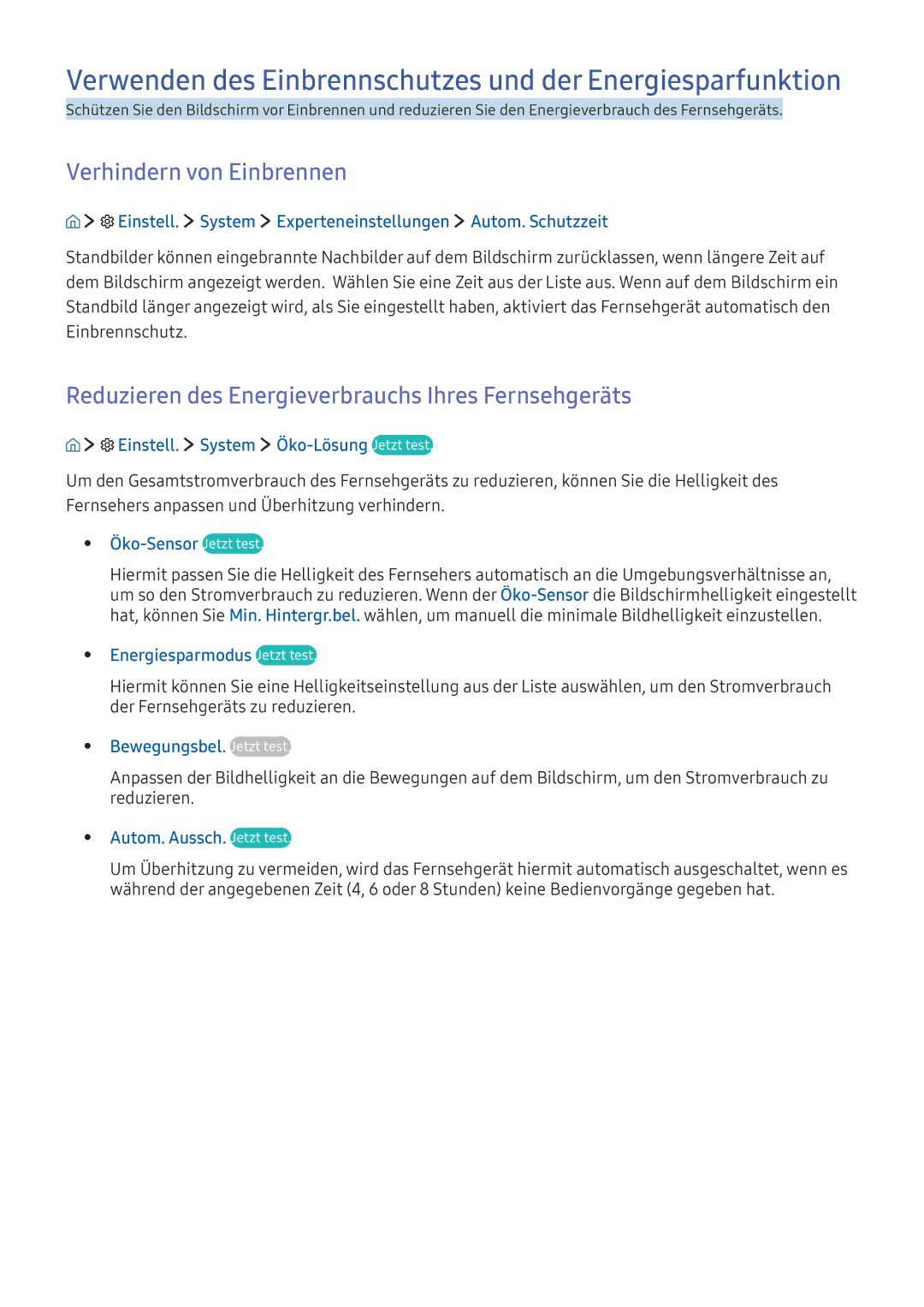 Samsung UE55KU6179UXZG manual Verwenden des Einbrennschutzes und der Energiesparfunktion, Verhindern von Einbrennen 