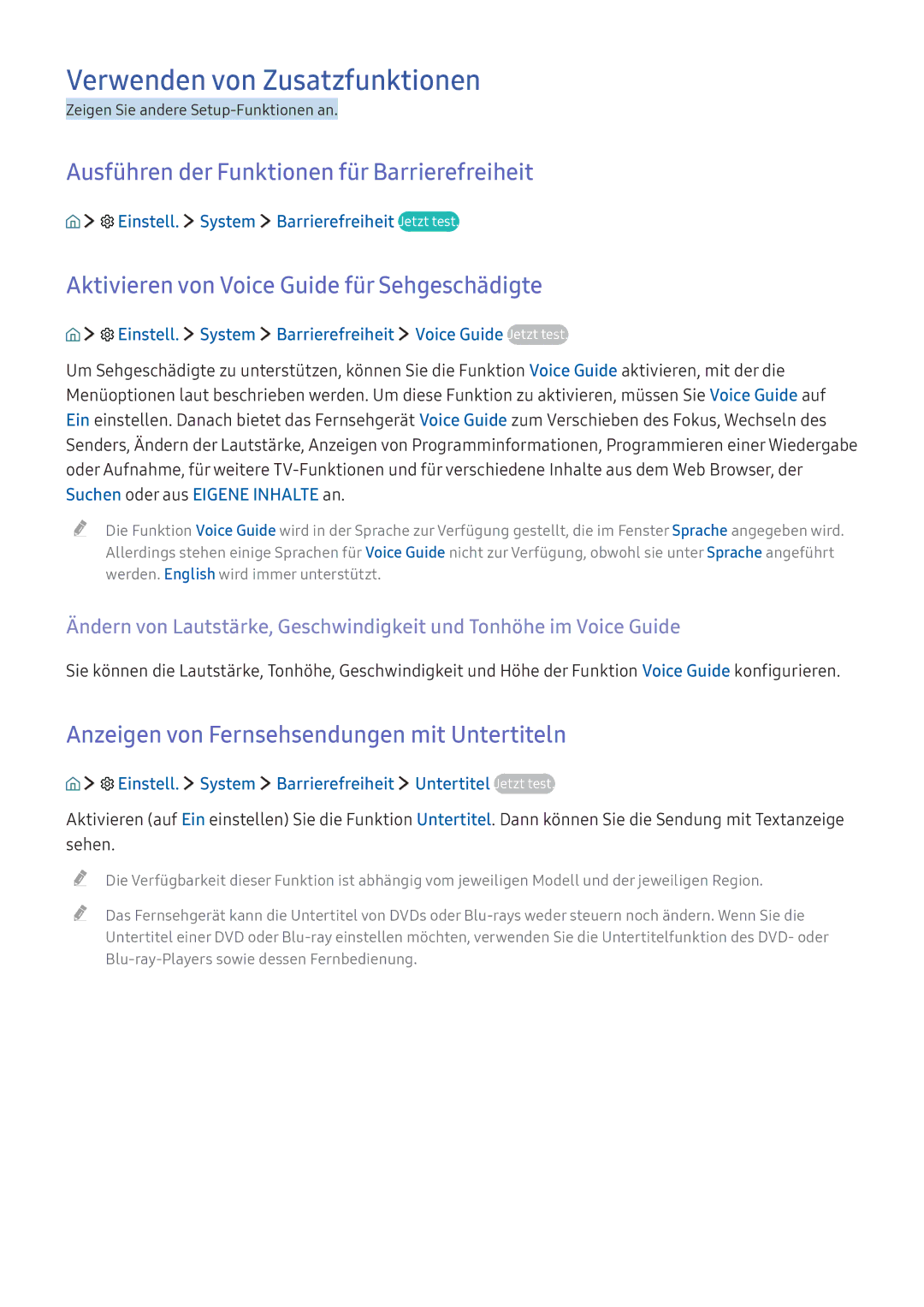 Samsung UE49KU6479UXZG, UE43KS7590UXZG manual Verwenden von Zusatzfunktionen, Ausführen der Funktionen für Barrierefreiheit 