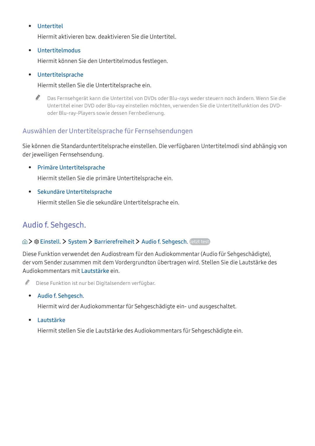 Samsung UE40KU6409UXZG, UE43KS7590UXZG manual Audio f. Sehgesch, Auswählen der Untertitelsprache für Fernsehsendungen 