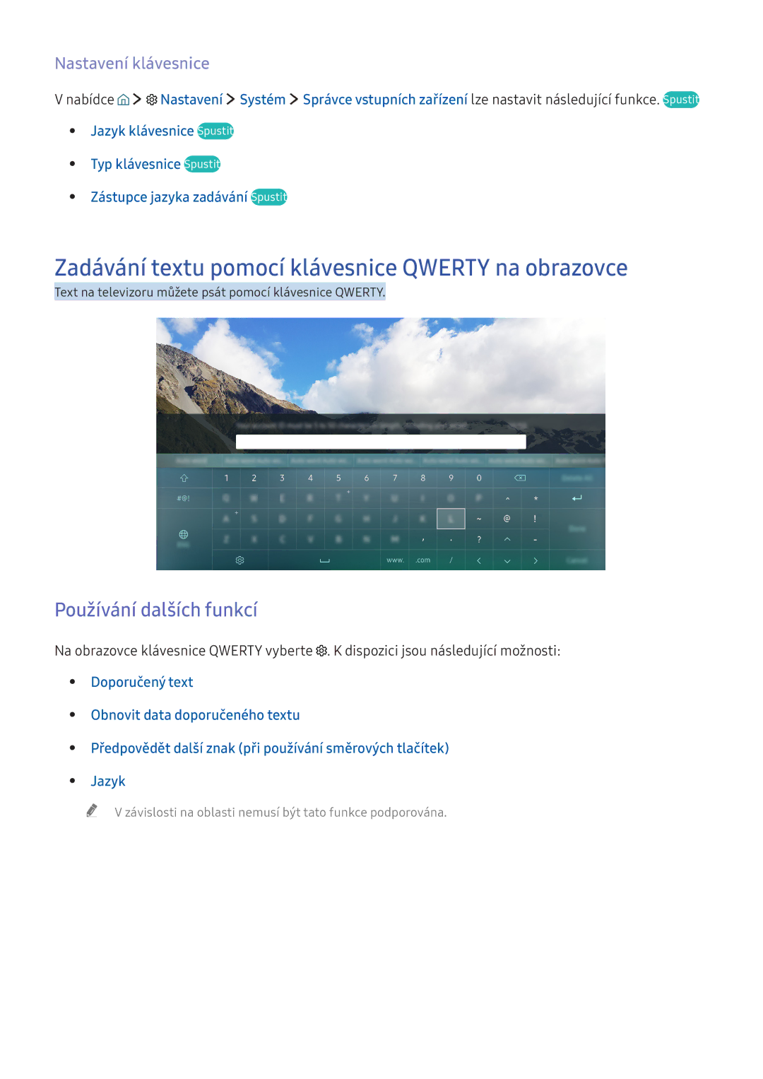 Samsung UE49KU6459UXZG, UE43KS7590UXZG manual Zadávání textu pomocí klávesnice Qwerty na obrazovce, Nastavení klávesnice 