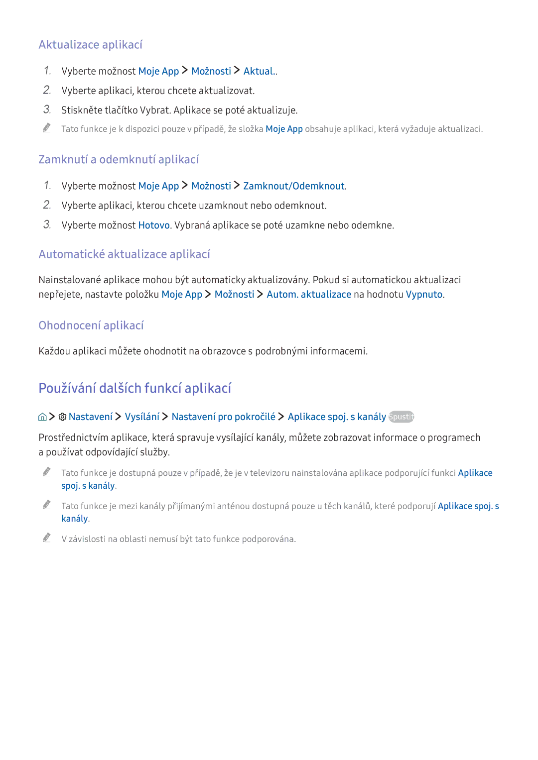 Samsung UE49KS9002TXXH manual Používání dalších funkcí aplikací, Aktualizace aplikací, Zamknutí a odemknutí aplikací 