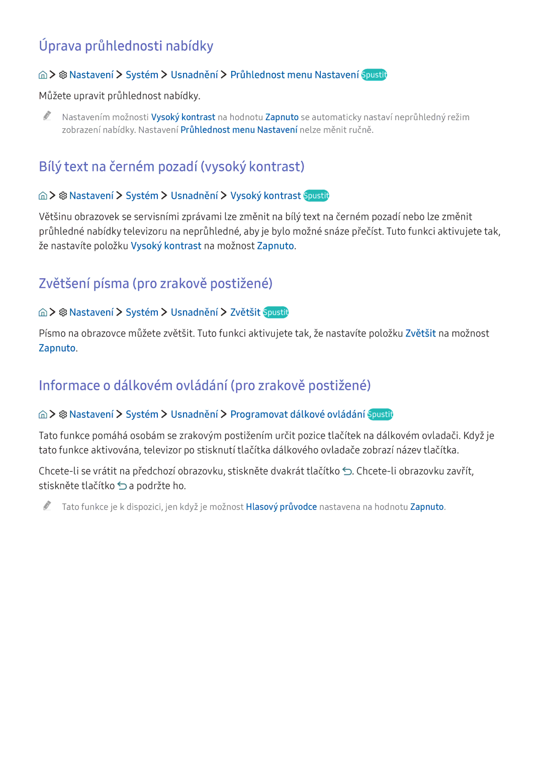 Samsung UE88KS9890TXZG, UE43KS7590UXZG manual Úprava průhlednosti nabídky, Bílý text na černém pozadí vysoký kontrast 