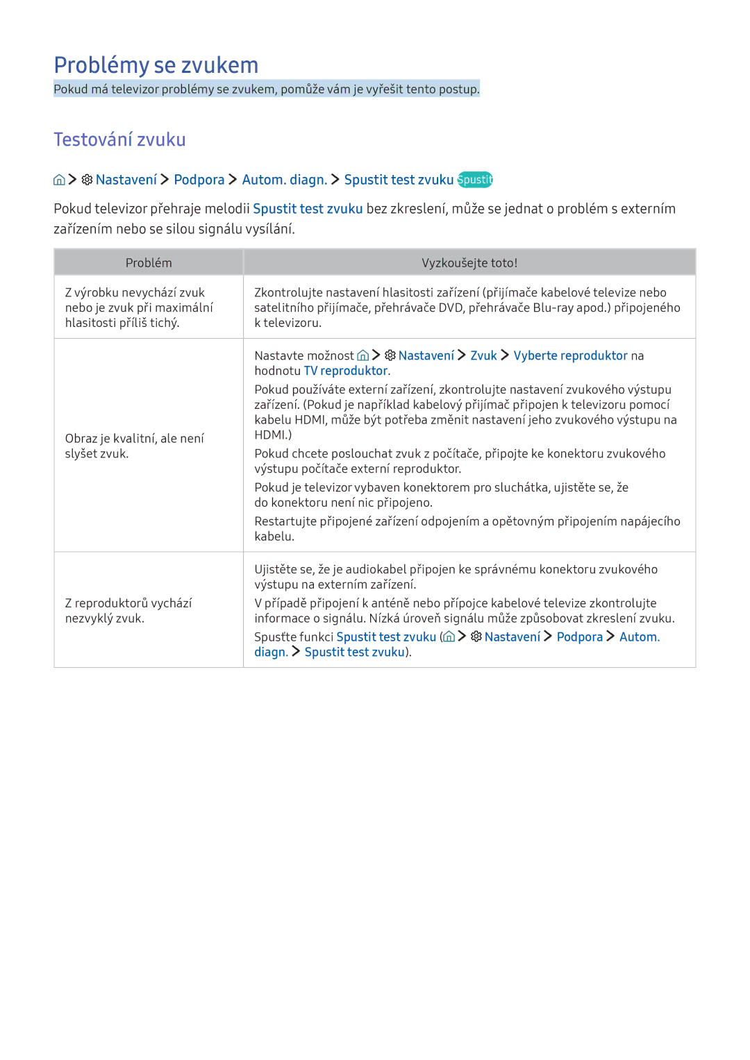 Samsung UE65KS9000LXXH Problémy se zvukem, Testování zvuku, Nastavení Podpora Autom. diagn. Spustit test zvuku Spustit 