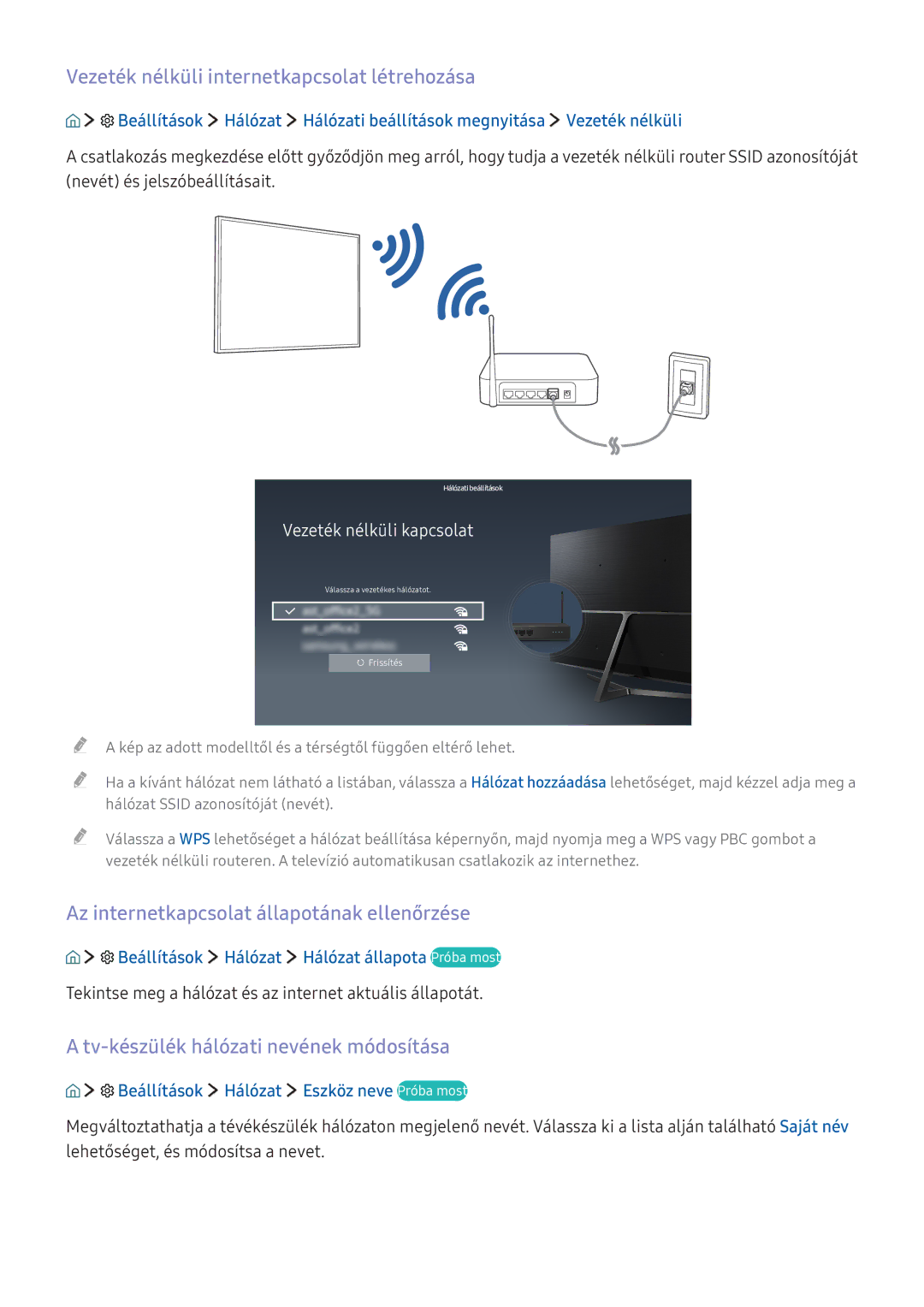 Samsung UE43KU6079UXZG manual Vezeték nélküli internetkapcsolat létrehozása, Az internetkapcsolat állapotának ellenőrzése 