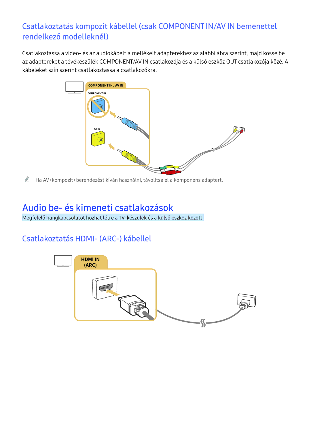 Samsung UE50KU6099UXZG, UE43KS7590UXZG manual Audio be- és kimeneti csatlakozások, Csatlakoztatás HDMI- ARC- kábellel 