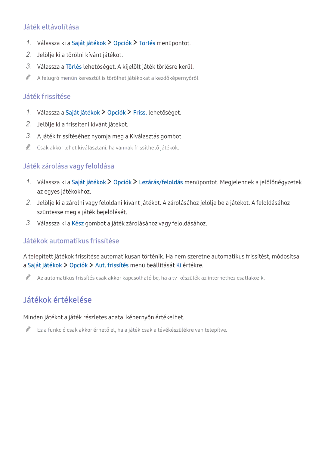 Samsung UE60KS7080UXZG manual Játékok értékelése, Játék eltávolítása, Játék frissítése, Játék zárolása vagy feloldása 
