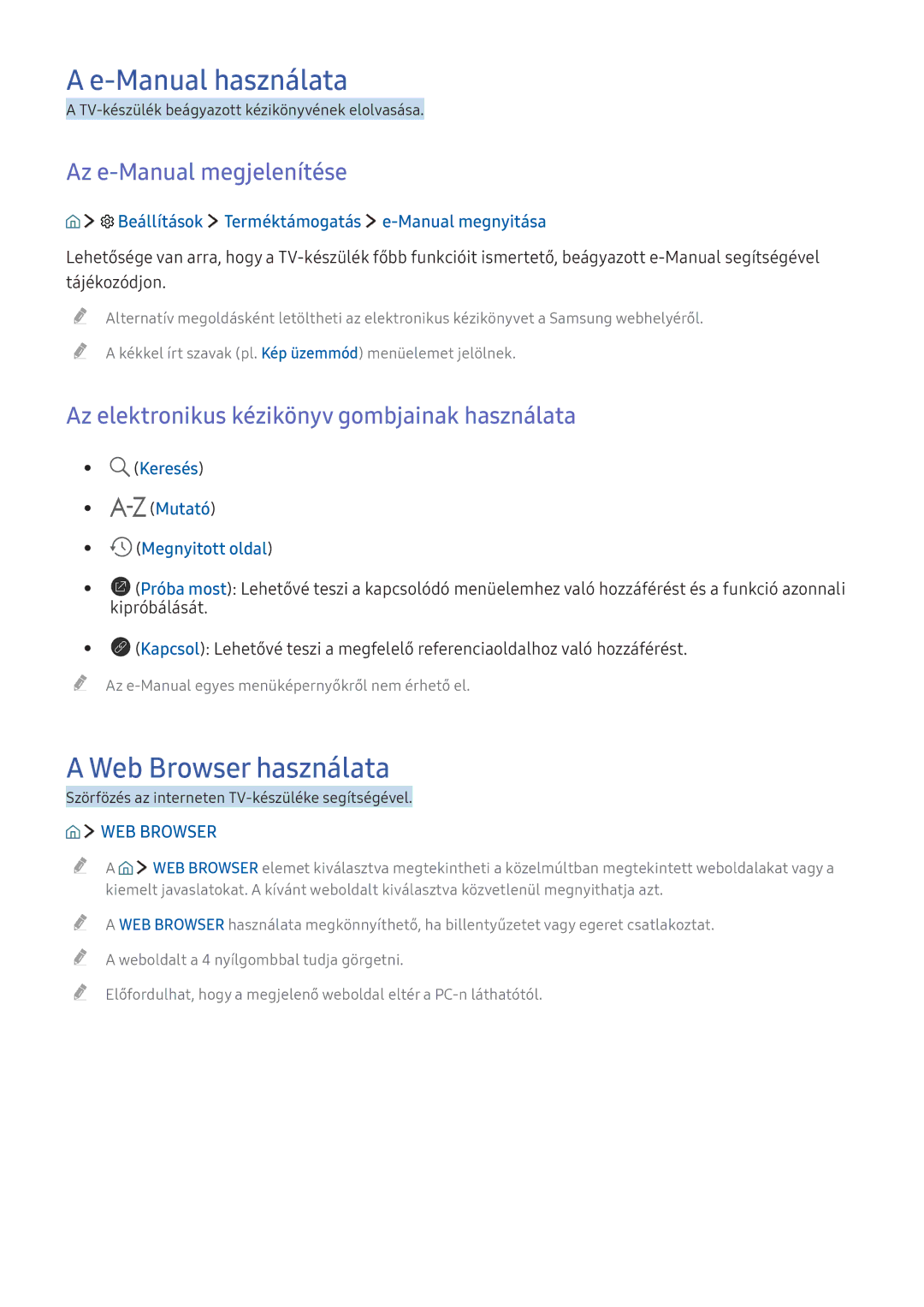 Samsung UE55KU6509UXZG, UE43KS7590UXZG, UE49KS7090UXZG Manual használata, Web Browser használata, Az e-Manual megjelenítése 