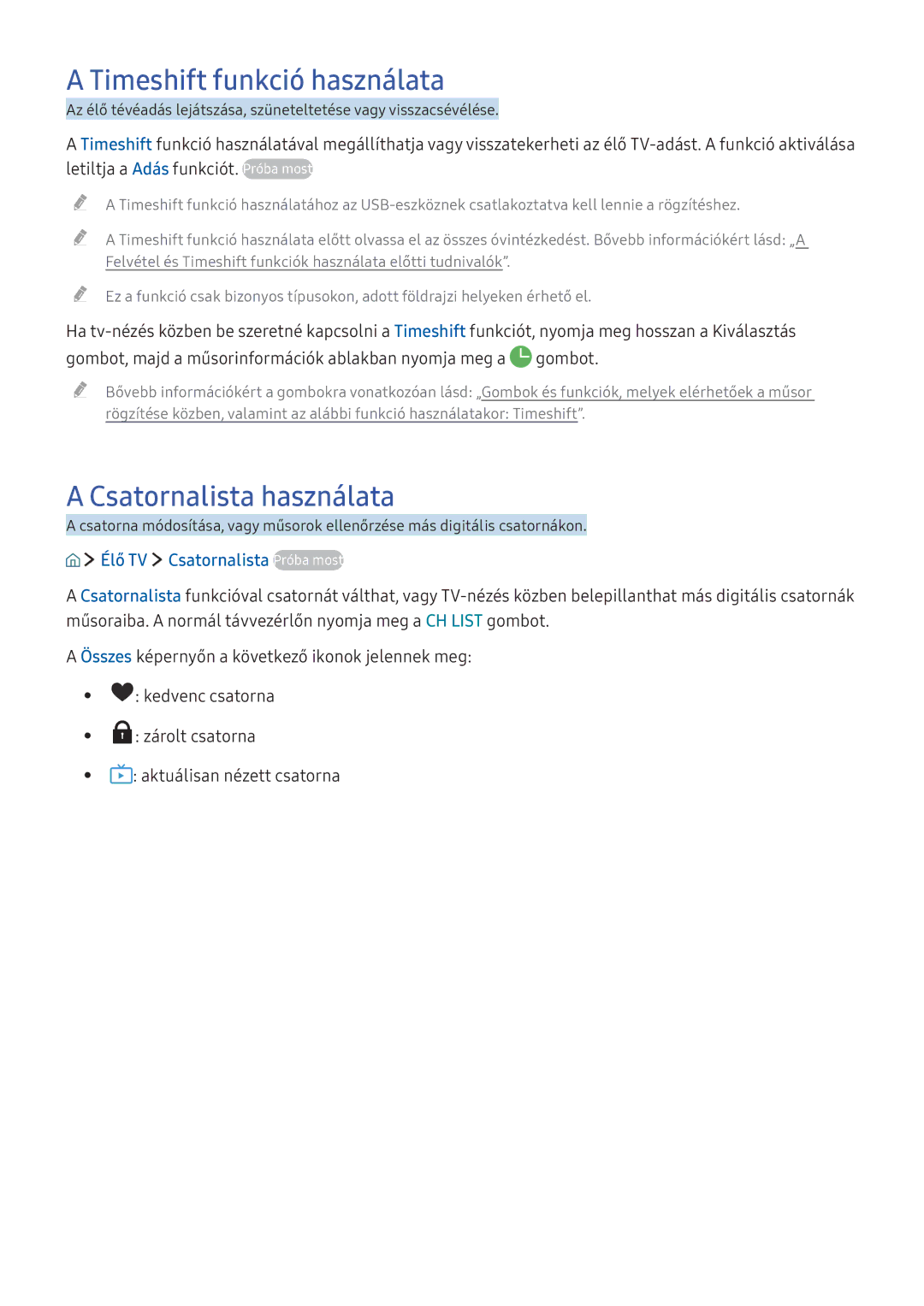 Samsung UE49KS7590UXZG manual Timeshift funkció használata, Csatornalista használata, Élő TV Csatornalista Próba most 