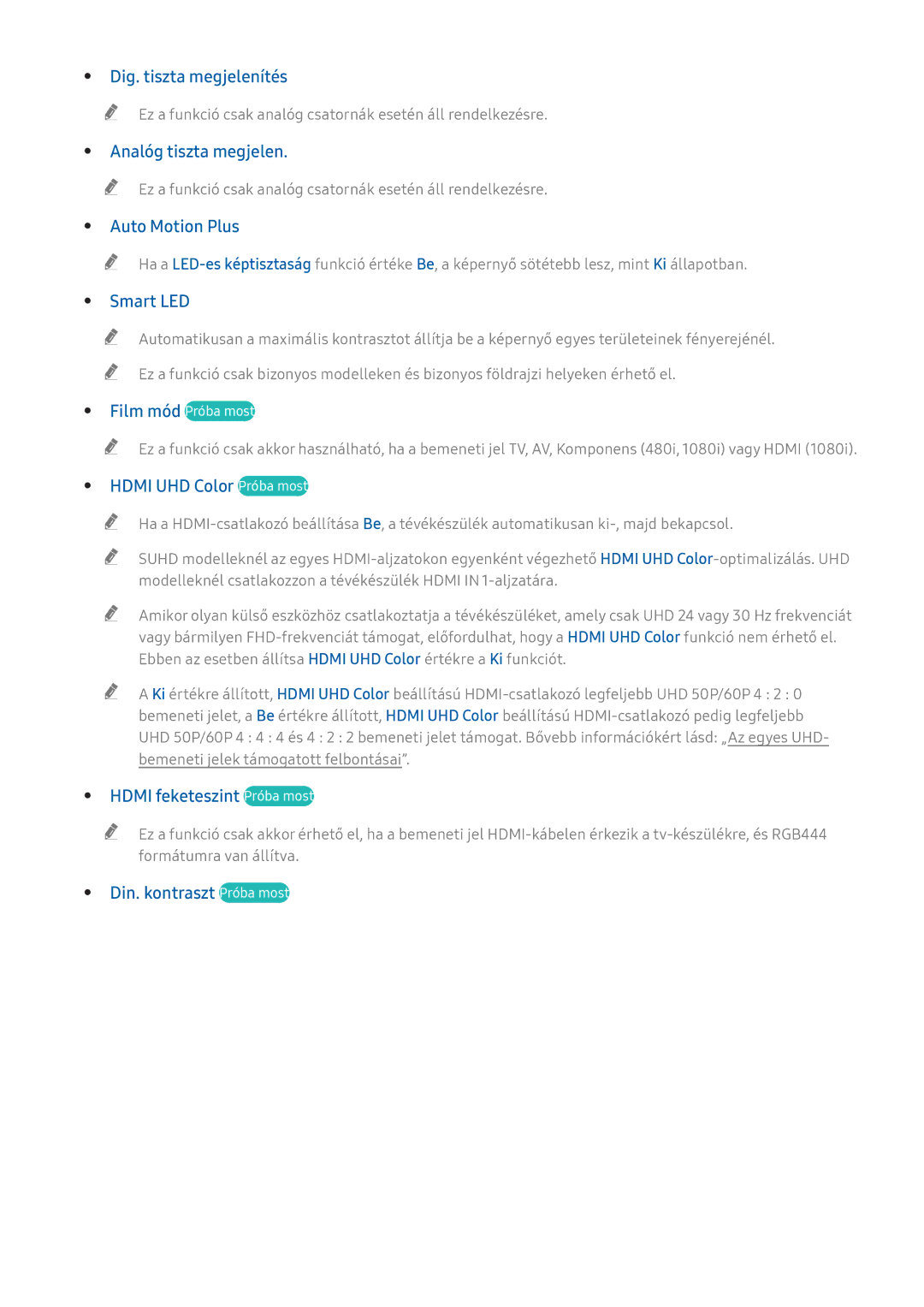 Samsung UE65KU6409UXZG, UE43KS7590UXZG manual Dig. tiszta megjelenítés, Analóg tiszta megjelen, Auto Motion Plus, Smart LED 