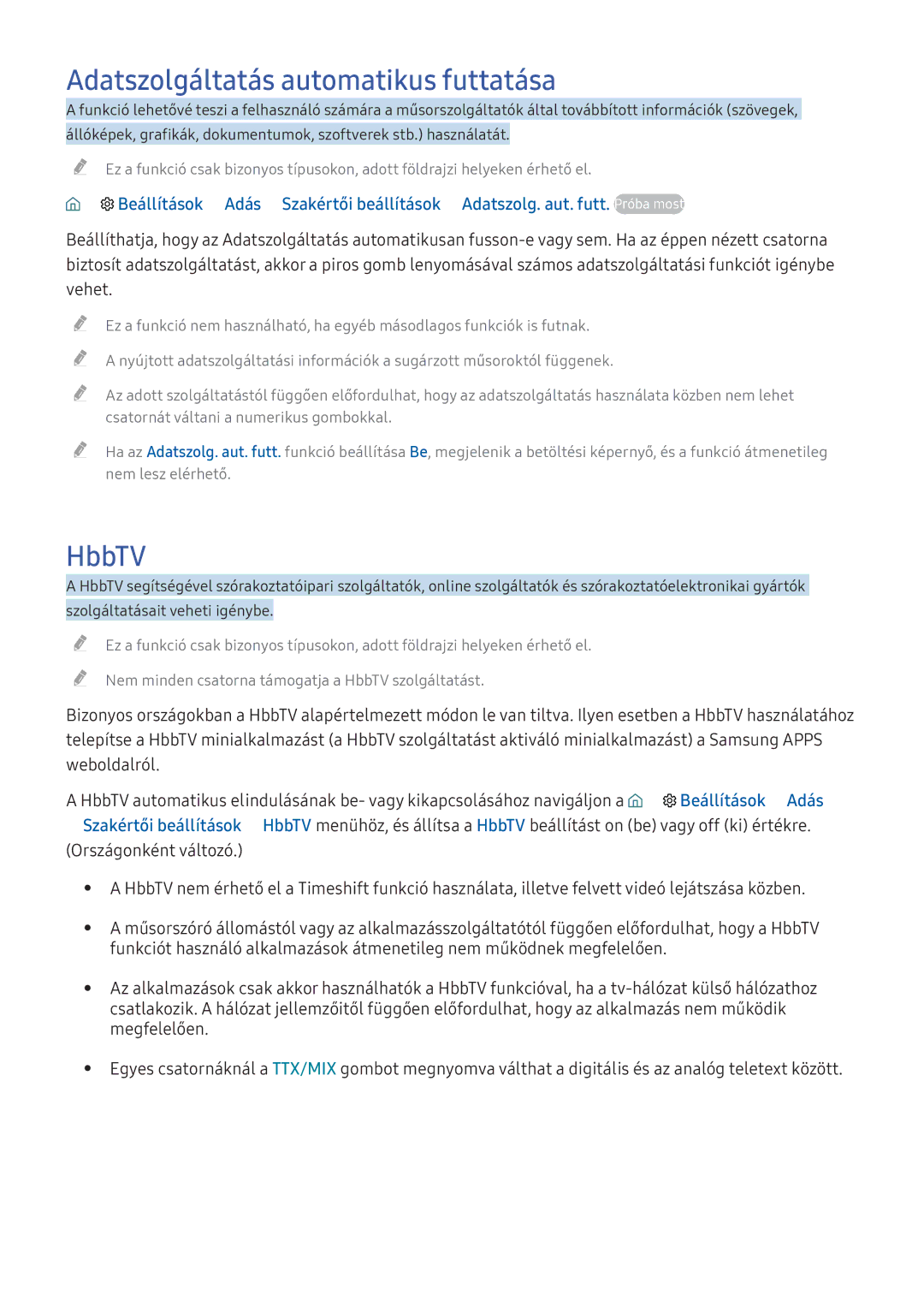 Samsung UE49KS7580UXZG, UE43KS7590UXZG, UE49KS7090UXZG manual Adatszolgáltatás automatikus futtatása, HbbTV, Beállítások Adás 