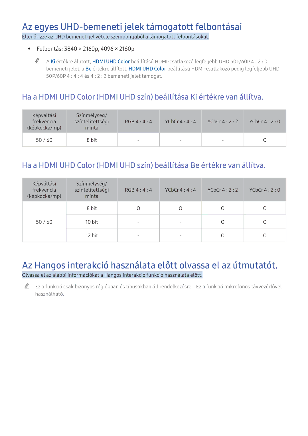 Samsung UE49KS8000LXXH manual Az egyes UHD-bemeneti jelek támogatott felbontásai, Felbontás 3840 × 2160p, 4096 × 2160p 