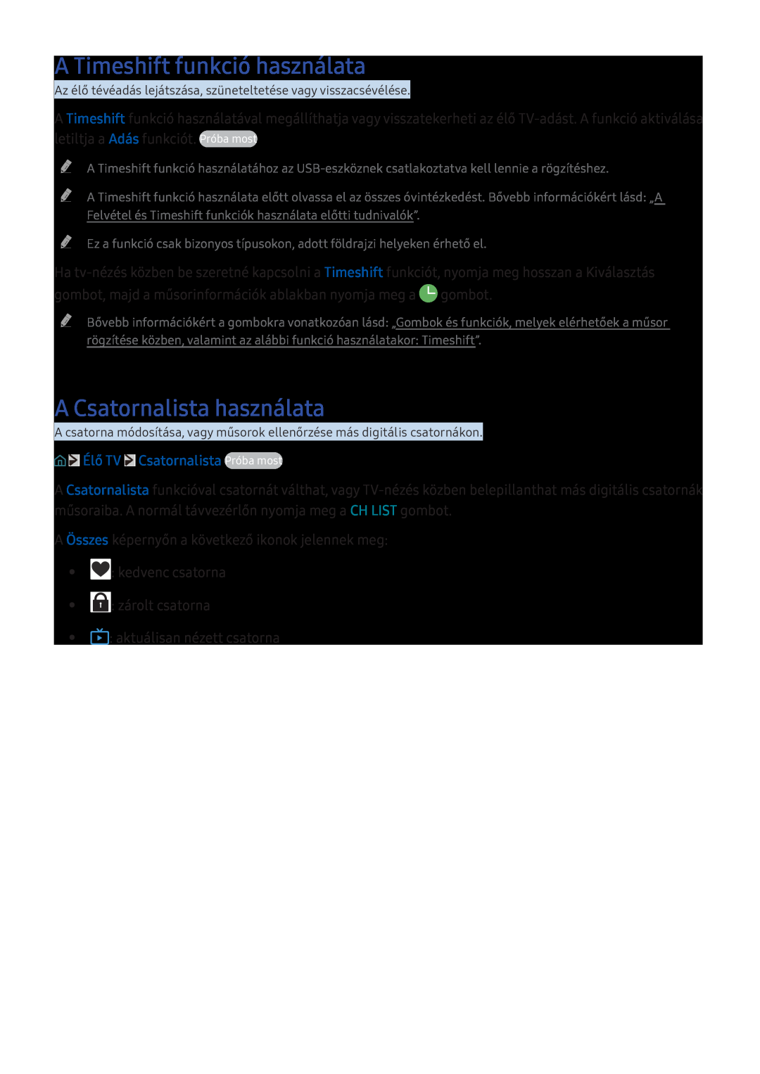 Samsung UE49KS7590UXZG manual A Timeshift funkció használata, A Csatornalista használata, Élő TV Csatornalista Próba most 