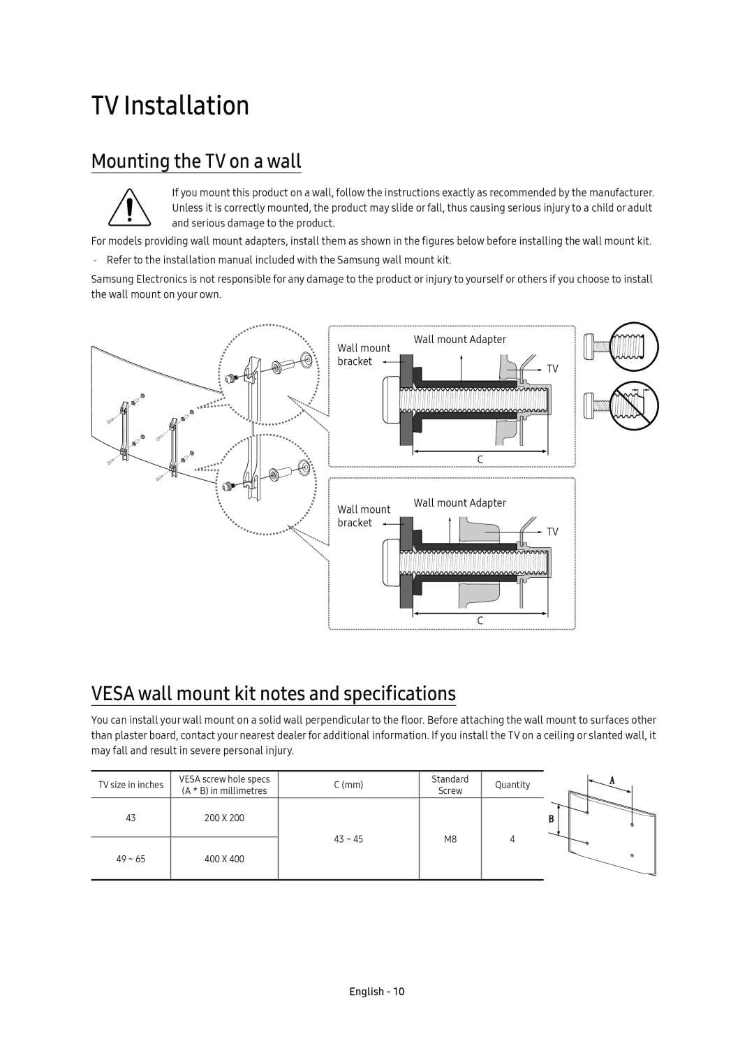 Samsung UE55KS7590UXZG manual TV Installation, Mounting the TV on a wall, Vesa wall mount kit notes and specifications 