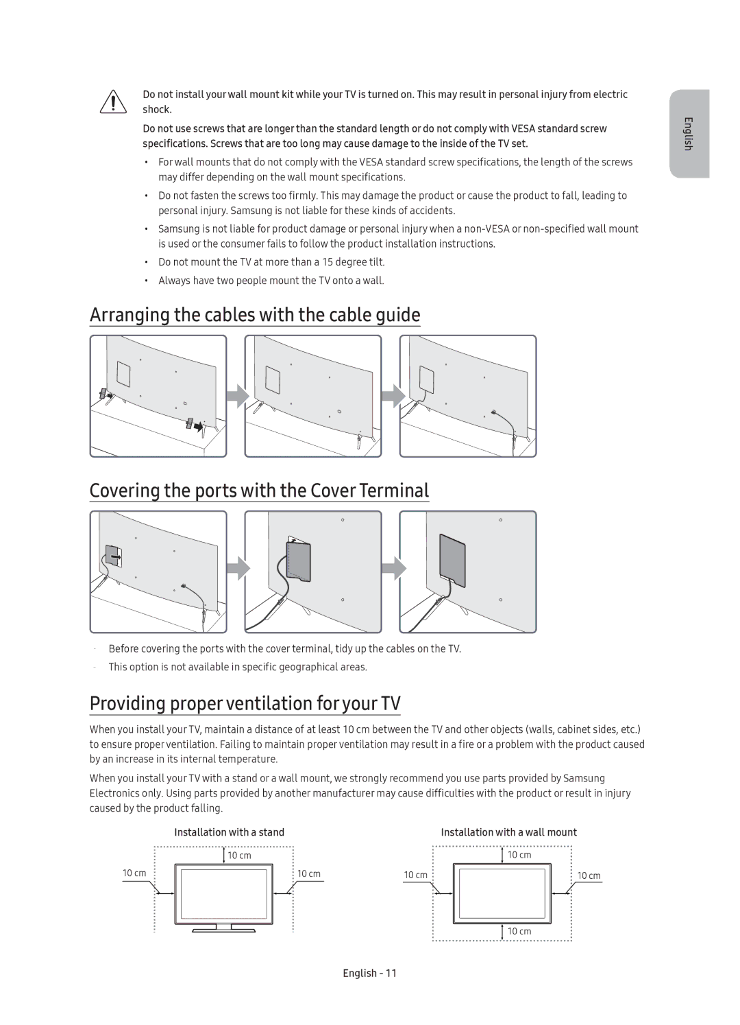 Samsung UE49KS7590UXZG, UE43KS7590UXZG, UE65KS7590UXZG, UE55KS7590UXZG manual Providing proper ventilation for your TV 