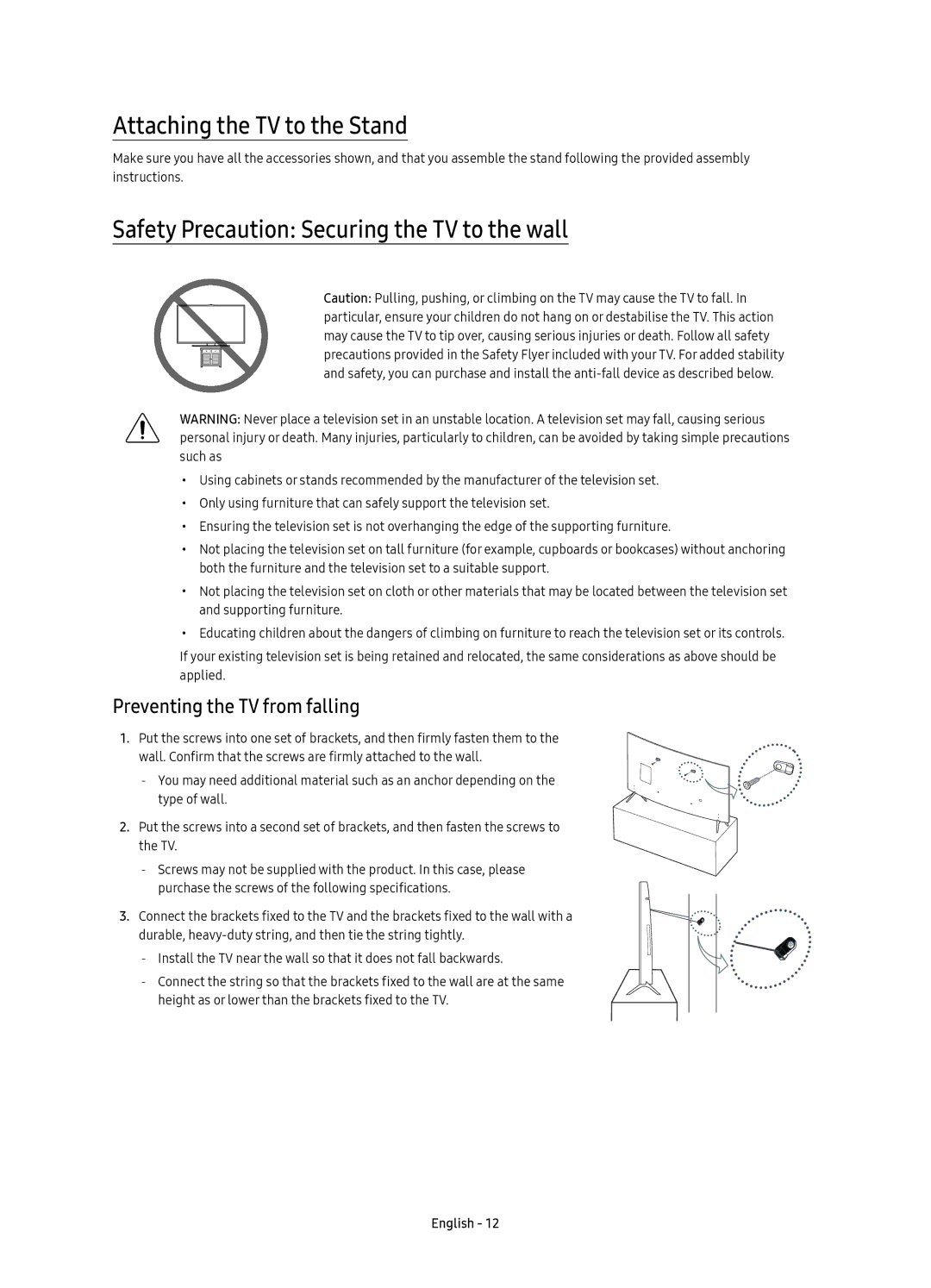 Samsung UE49KS7580UXZG, UE43KS7590UXZG manual Attaching the TV to the Stand, Safety Precaution Securing the TV to the wall 