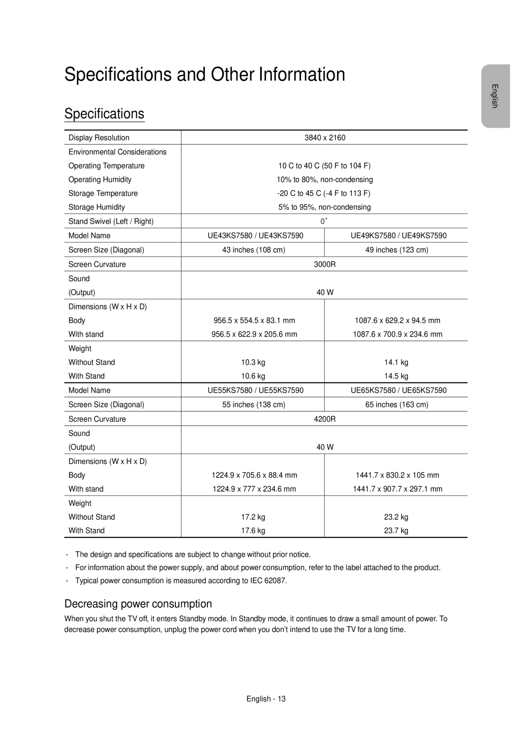 Samsung UE55KS7580UXZG, UE43KS7590UXZG, UE65KS7590UXZG Specifications and Other Information, Decreasing power consumption 