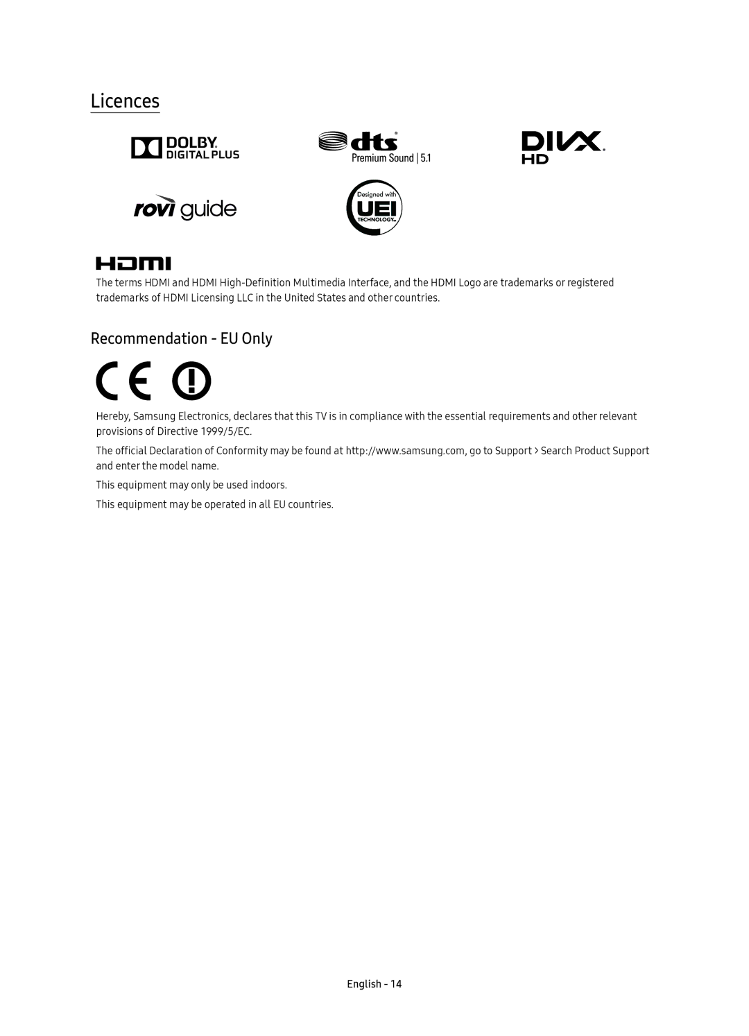 Samsung UE65KS7580UXZG, UE43KS7590UXZG, UE65KS7590UXZG, UE55KS7590UXZG, UE49KS7590UXZG manual Licences, Recommendation EU Only 