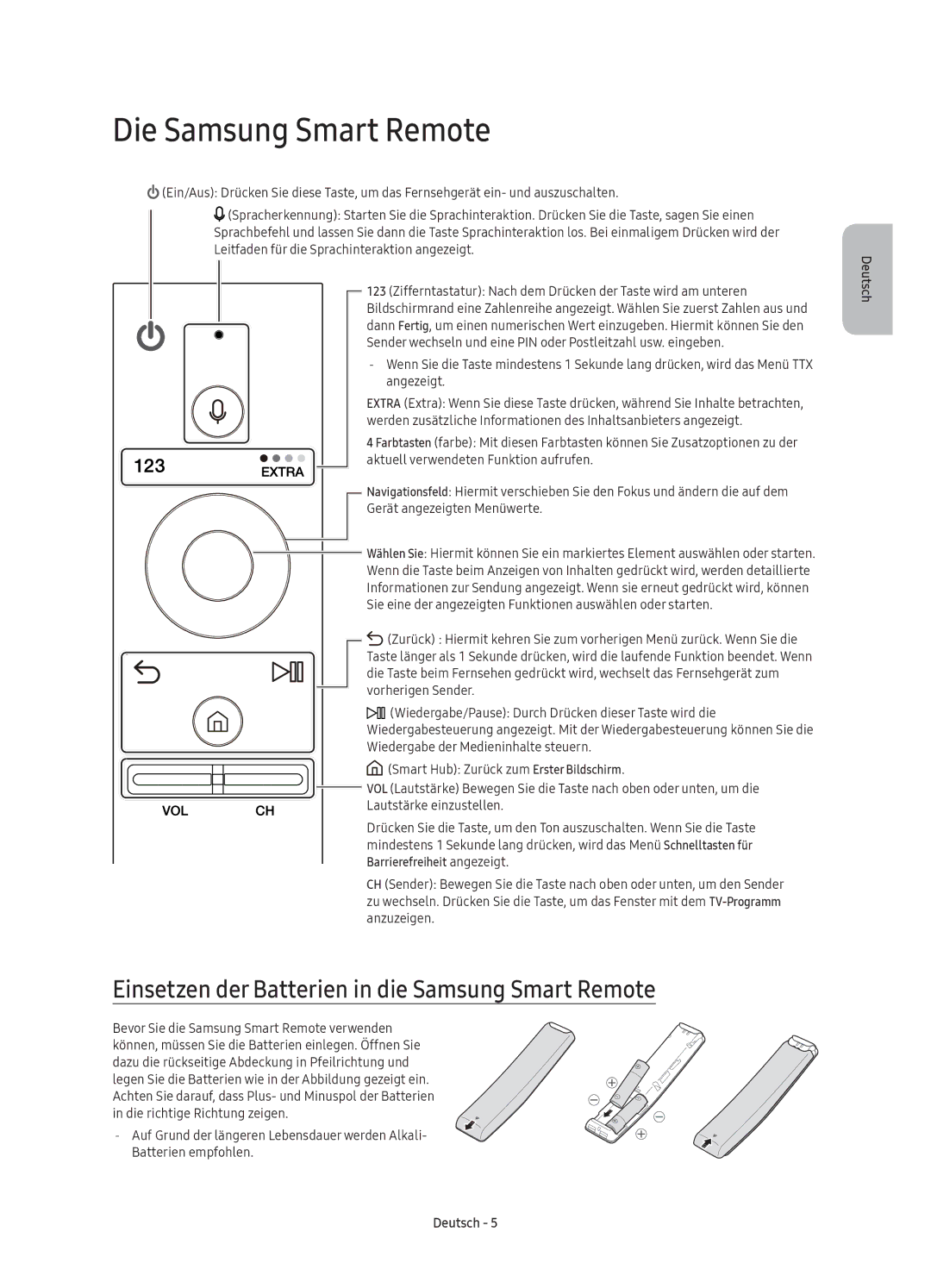 Samsung UE49KS7590UXZG, UE43KS7590UXZG manual Die Samsung Smart Remote, Einsetzen der Batterien in die Samsung Smart Remote 