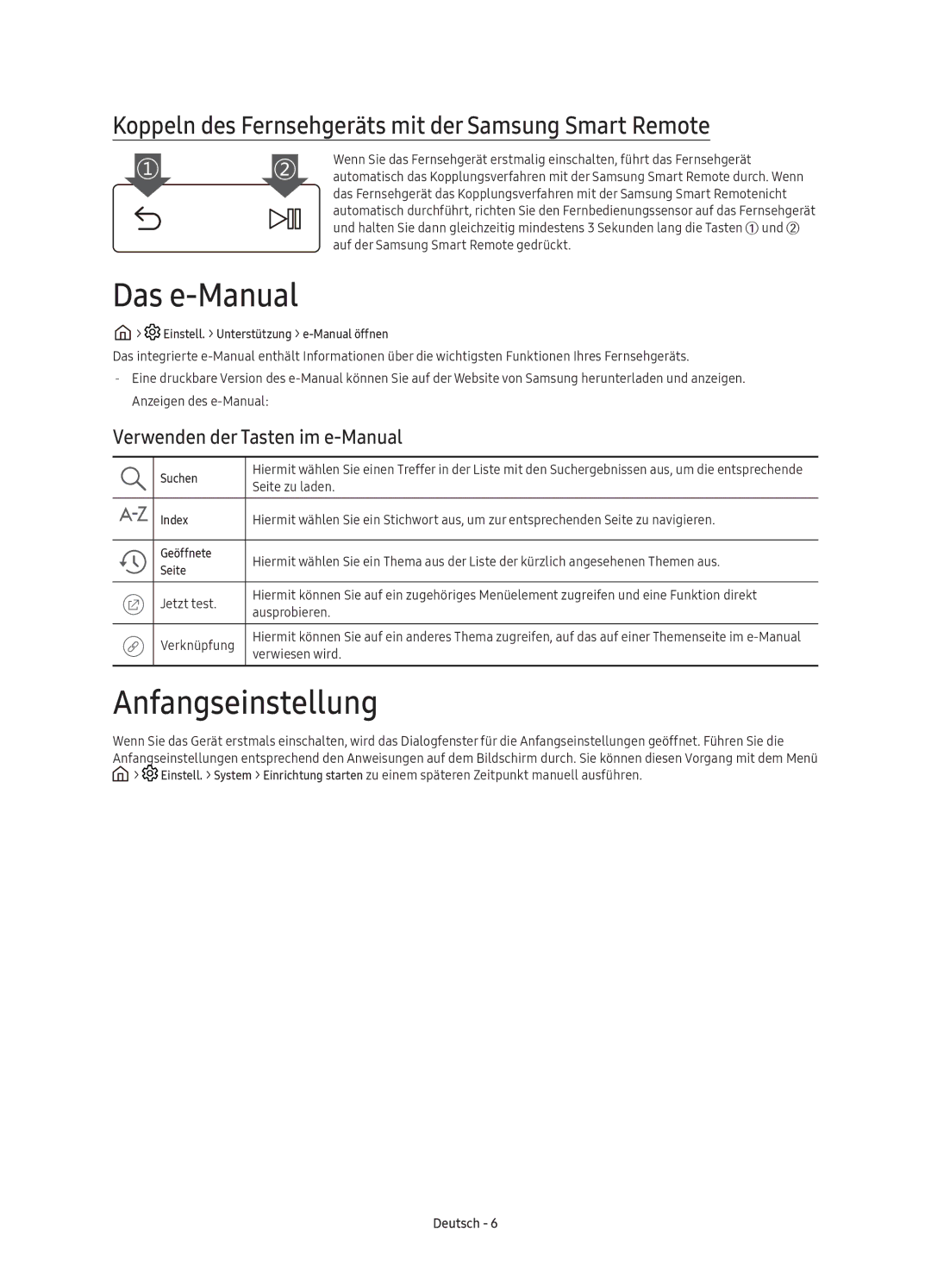 Samsung UE49KS7580UXZG manual Das e-Manual, Anfangseinstellung, Koppeln des Fernsehgeräts mit der Samsung Smart Remote 