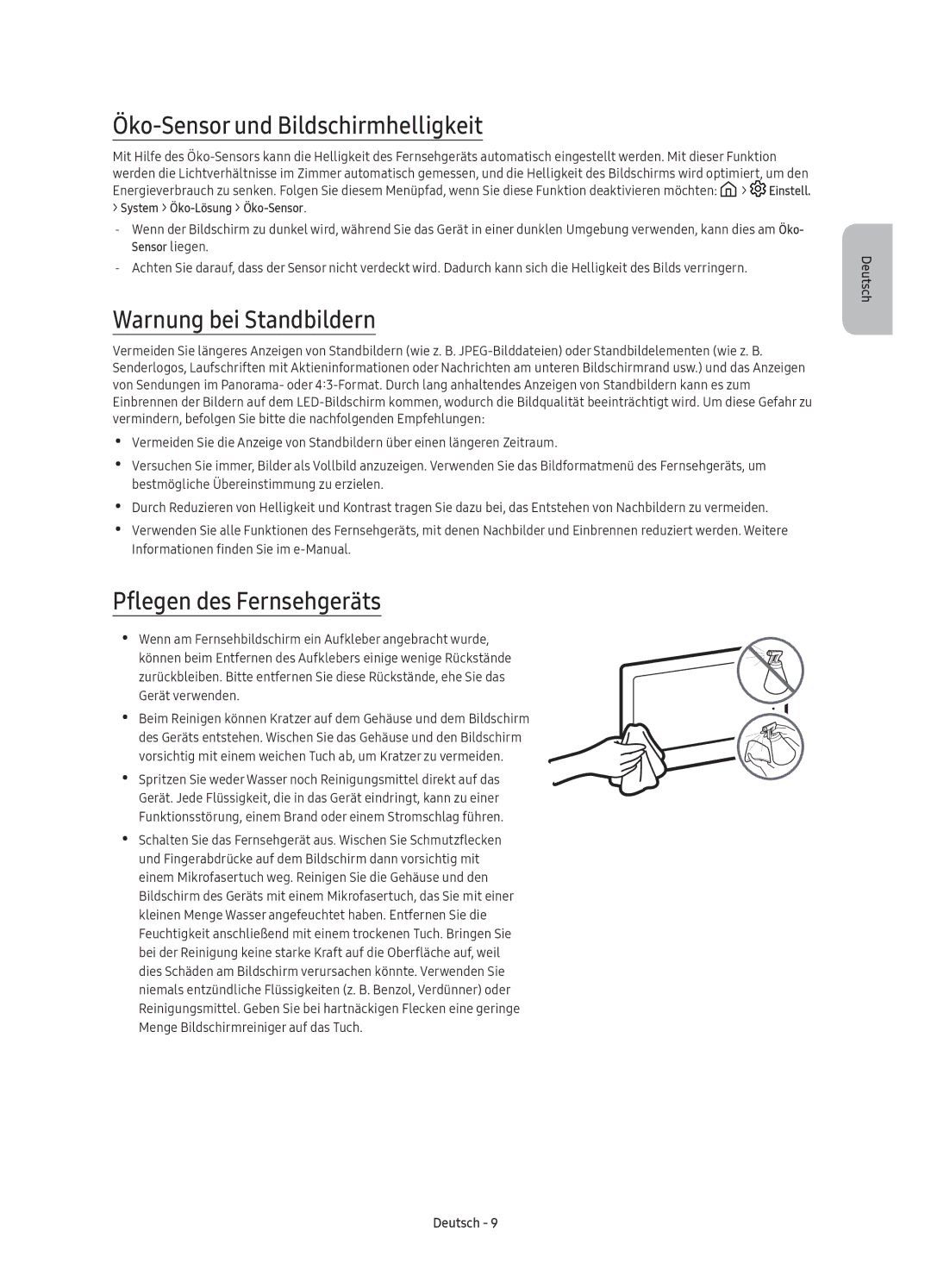 Samsung UE43KS7580UXZG manual Öko-Sensor und Bildschirmhelligkeit, Warnung bei Standbildern, Pflegen des Fernsehgeräts 