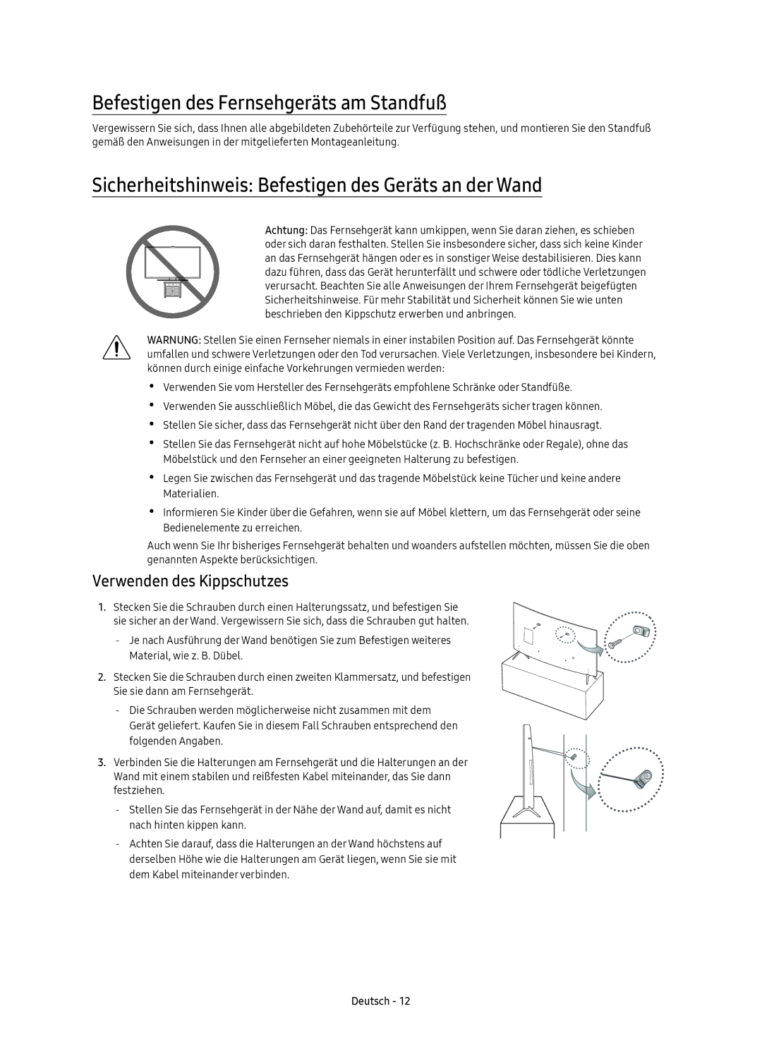 Samsung UE55KS7590UXZG Befestigen des Fernsehgeräts am Standfuß, Sicherheitshinweis Befestigen des Geräts an der Wand 