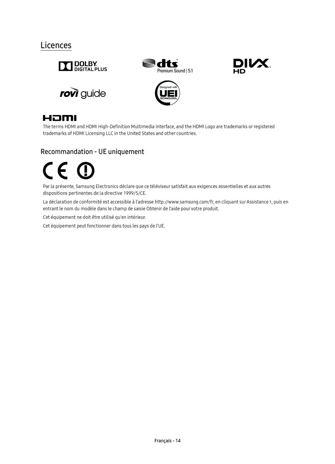 Samsung UE55KS7590UXZG, UE43KS7590UXZG, UE65KS7590UXZG, UE49KS7590UXZG, UE49KS7580UXZG Licences, Recommandation UE uniquement 