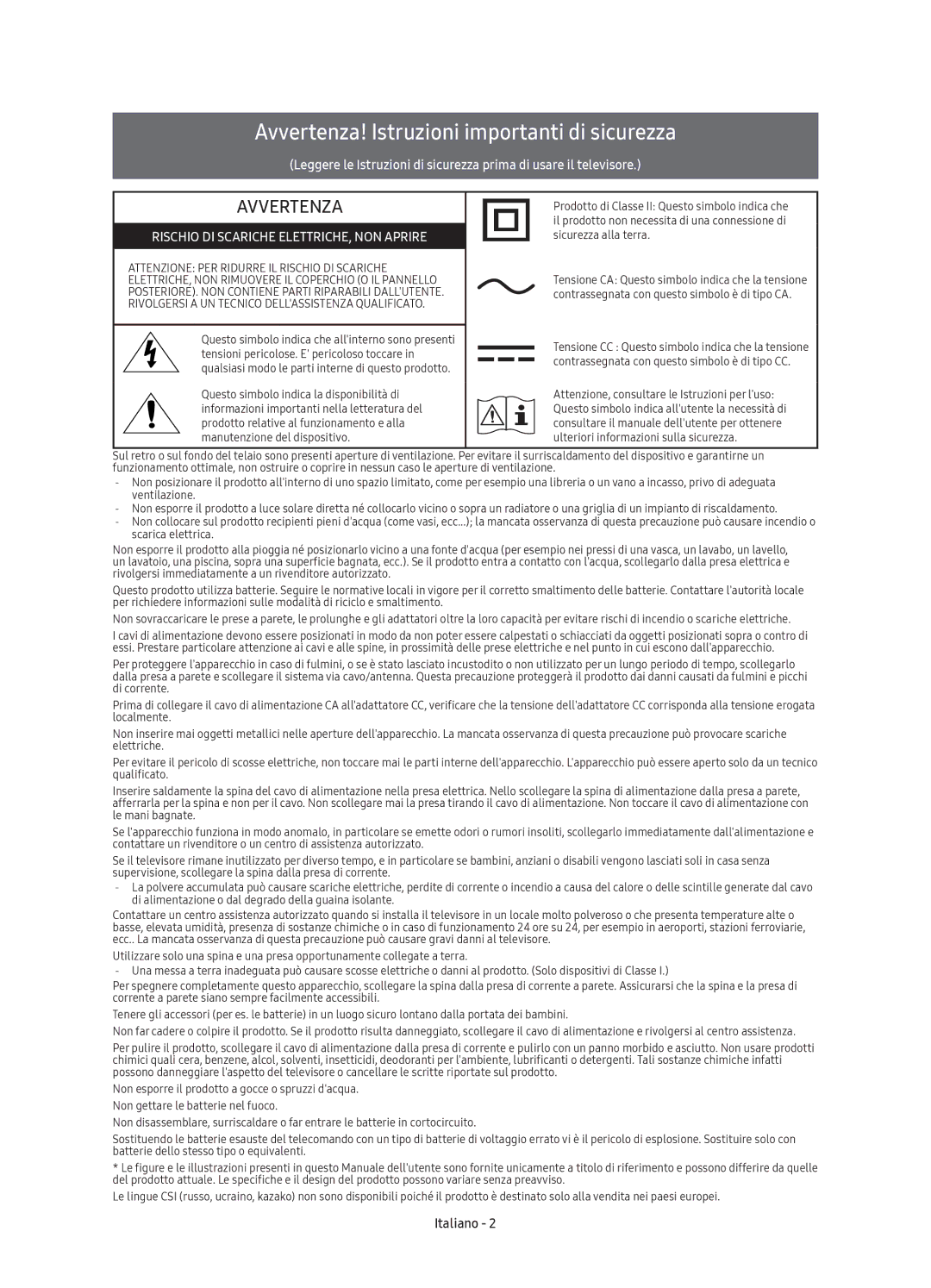 Samsung UE49KS7580UXZG, UE43KS7590UXZG, UE65KS7590UXZG, UE55KS7590UXZG manual Avvertenza! Istruzioni importanti di sicurezza 