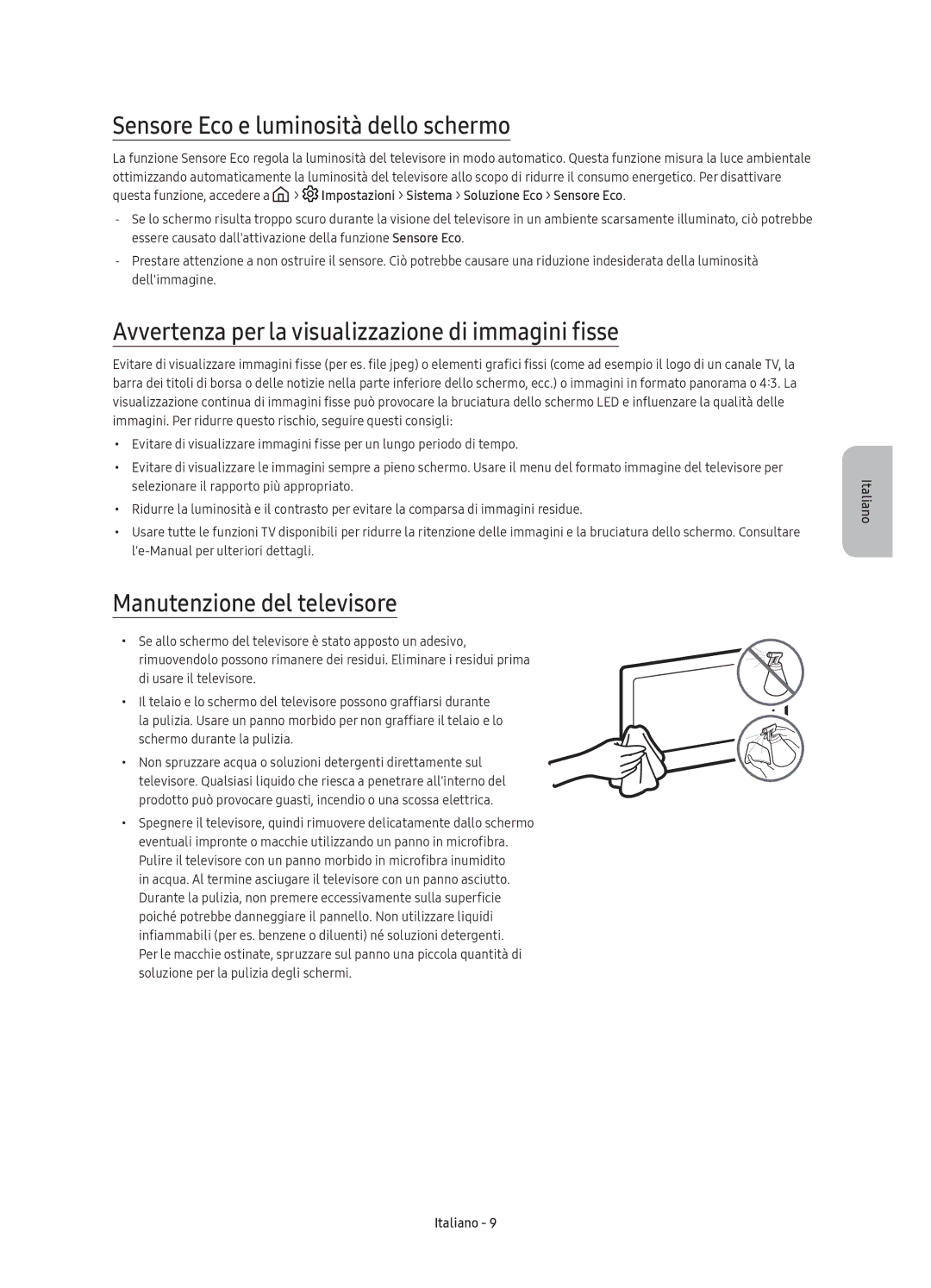 Samsung UE49KS7590UXZG manual Sensore Eco e luminosità dello schermo, Avvertenza per la visualizzazione di immagini fisse 