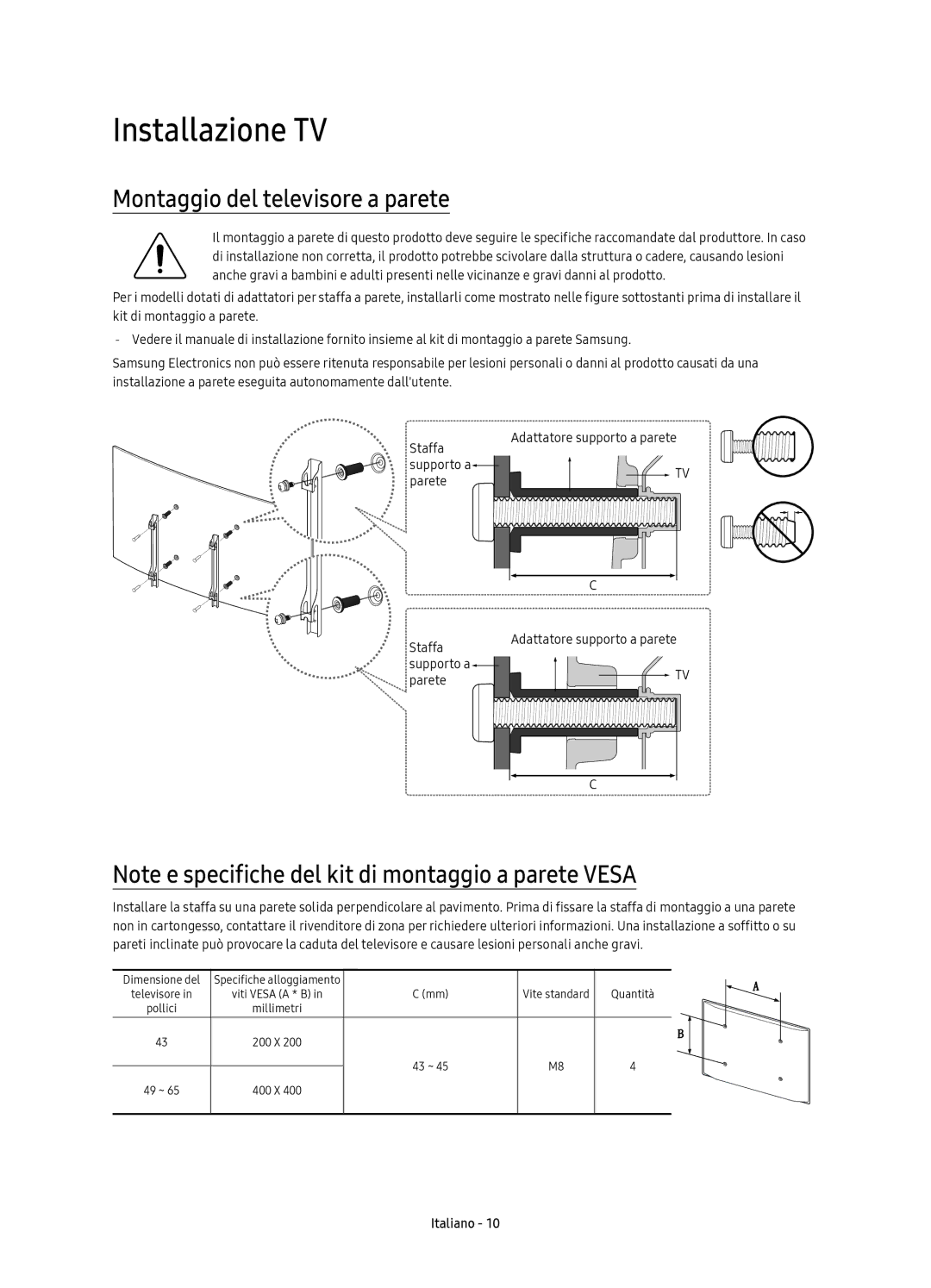 Samsung UE49KS7580UXZG, UE43KS7590UXZG, UE65KS7590UXZG, UE55KS7590UXZG Installazione TV, Montaggio del televisore a parete 