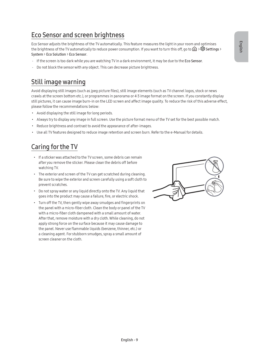 Samsung UE65KS7590UXZG, UE43KS7590UXZG manual Eco Sensor and screen brightness, Still image warning, Caring for the TV 