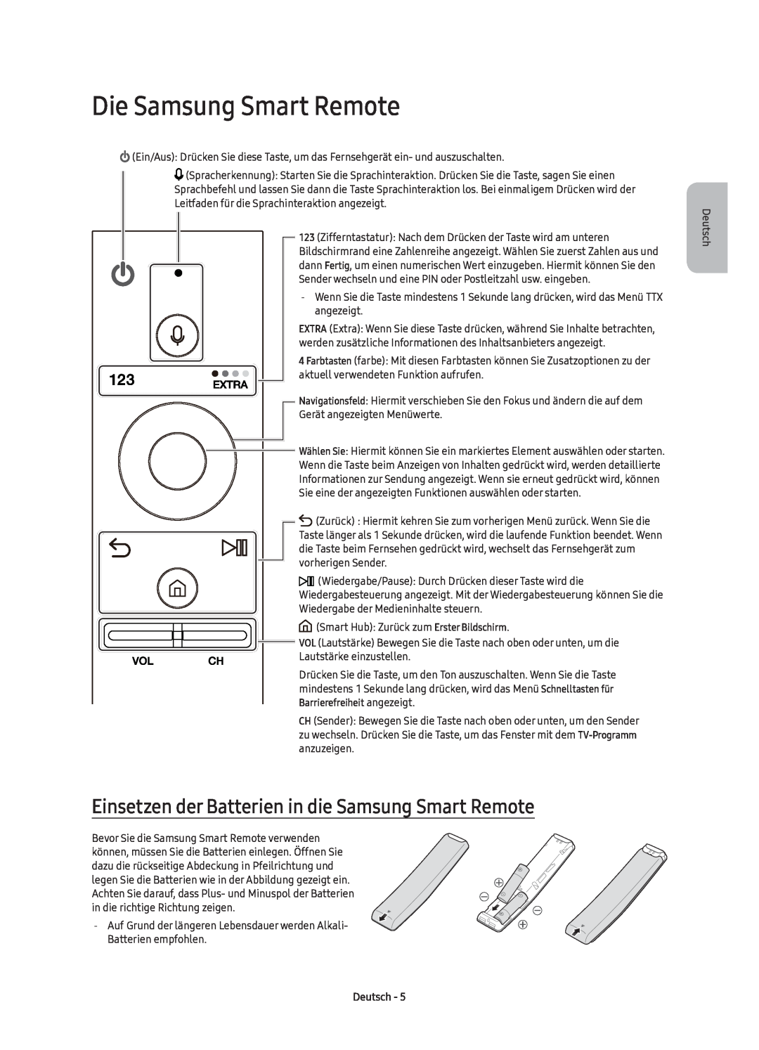 Samsung UE49KS7590UXZG manual Die Samsung Smart Remote, Einsetzen der Batterien in die Samsung Smart Remote, Deutsch 