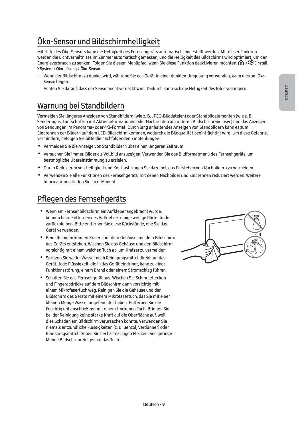 Samsung UE43KS7580UXZG Öko-Sensor und Bildschirmhelligkeit, Warnung bei Standbildern, Pflegen des Fernsehgeräts, Deutsch 