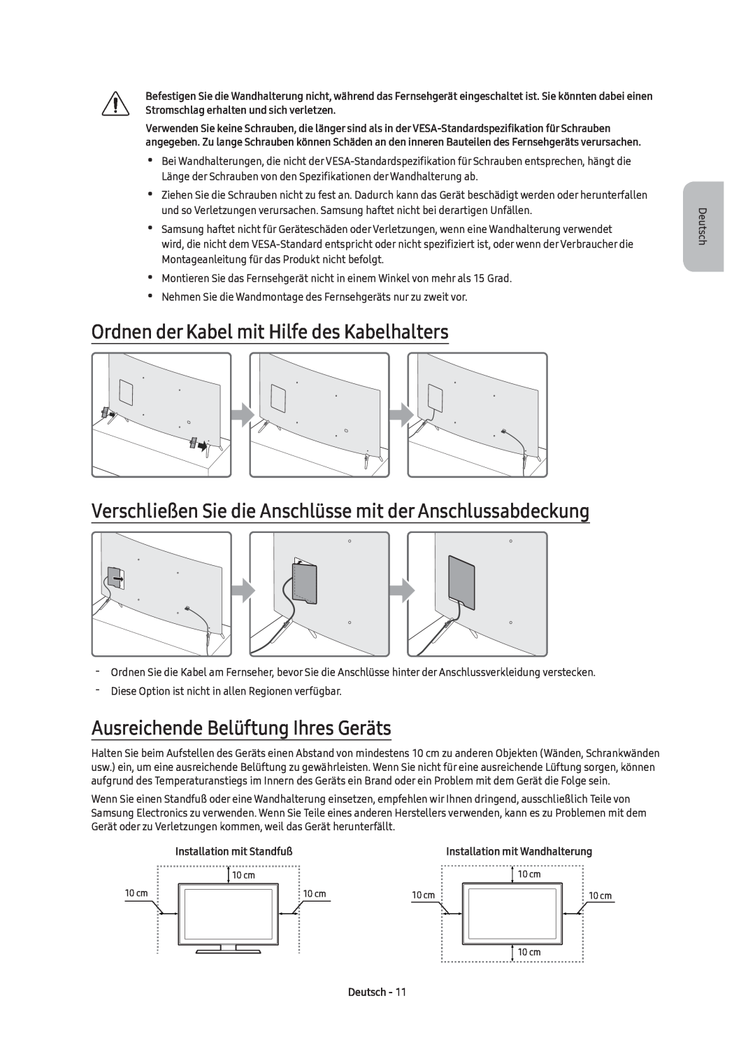 Samsung UE65KS7590UXZG manual Ordnen der Kabel mit Hilfe des Kabelhalters, Ausreichende Belüftung Ihres Geräts, Deutsch 