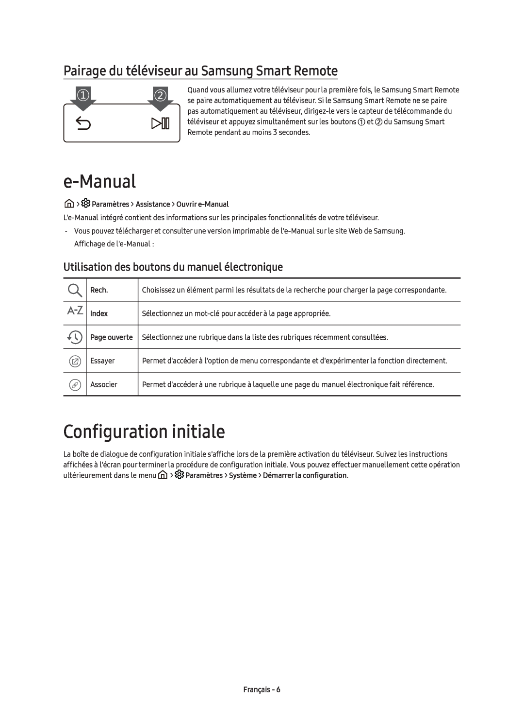 Samsung UE55KS7590UXZG manual e-Manual, Configuration initiale, Pairage du téléviseur au Samsung Smart Remote, Rech, Index 