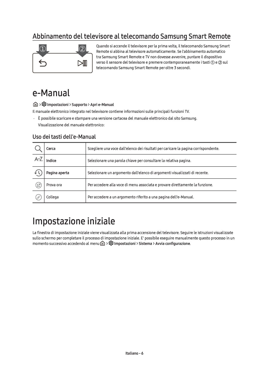 Samsung UE43KS7590UXZG manual Impostazione iniziale, Uso dei tasti delle-Manual, Impostazioni Supporto Apri e-Manual, Cerca 
